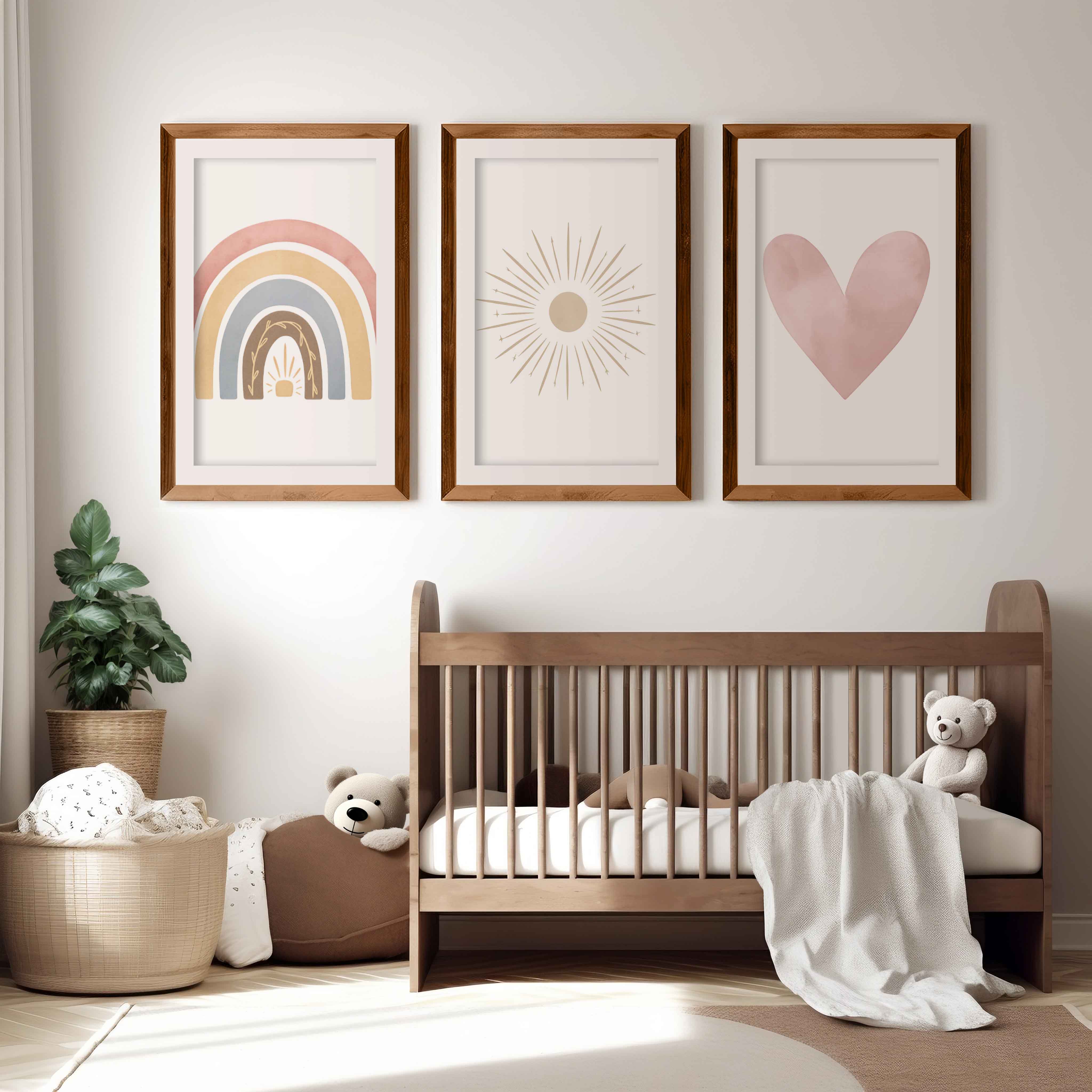 Neutral Nursery Wall Decor – Rainbow, Sun & Heart Print Set (3) - Dark Brown Framed Poster with White Border - Artworksets