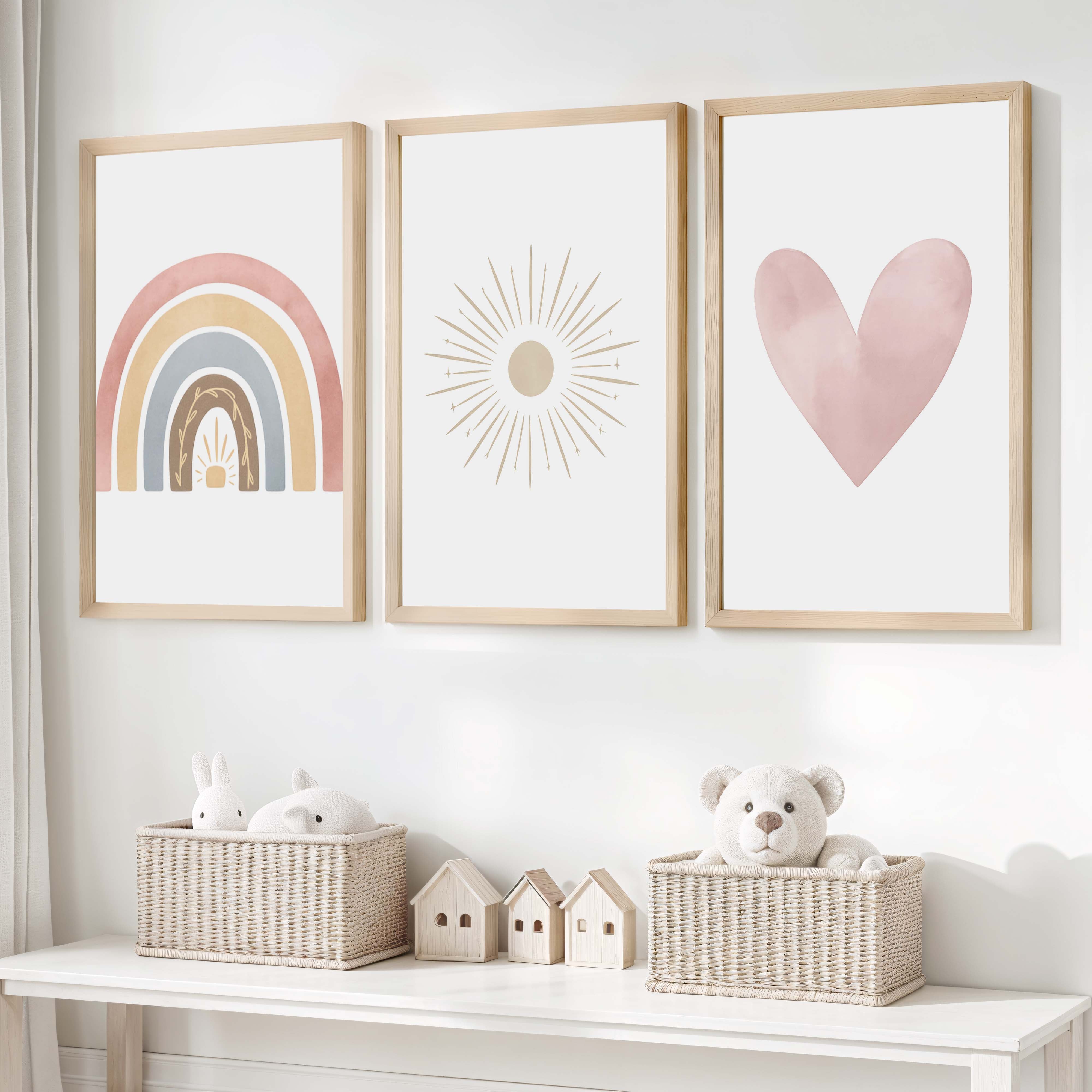 Neutral Nursery Wall Decor – Rainbow, Sun & Heart Print Set (3) - Natural Wood Framed Poster No Border - Artworksets