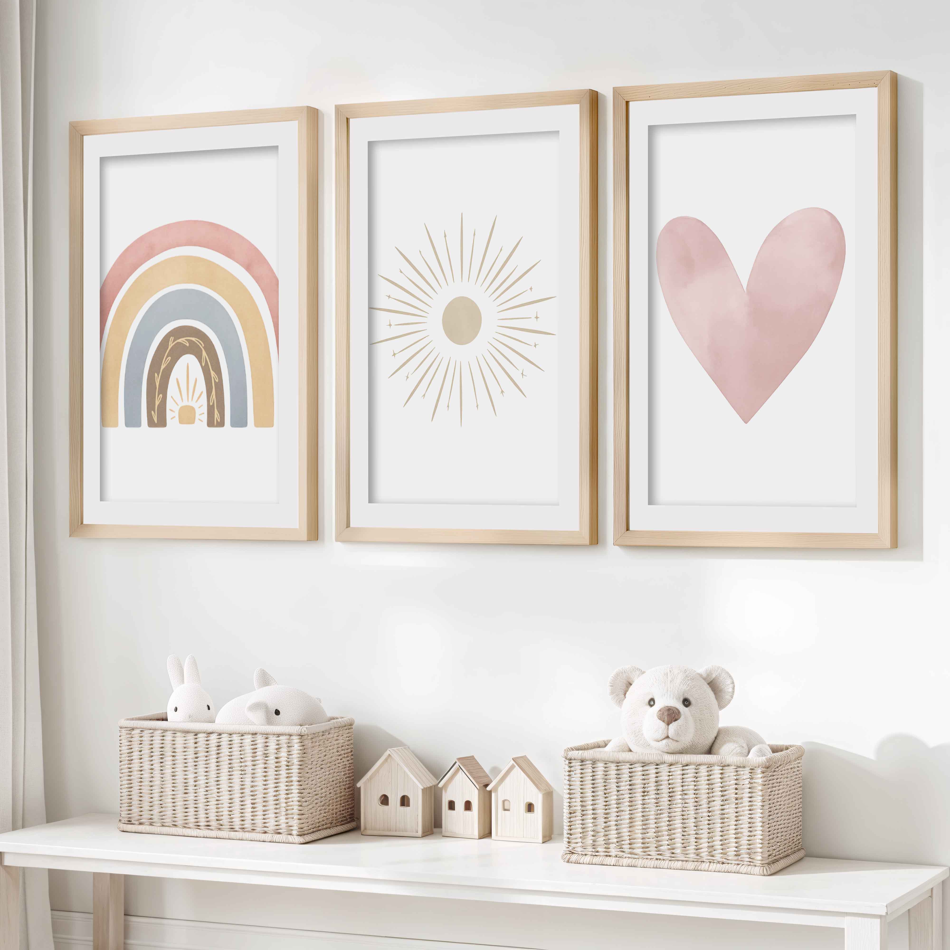 Neutral Nursery Wall Decor – Rainbow, Sun & Heart Print Set (3)- Natural Wood Framed Poster with White Border - Artworksets