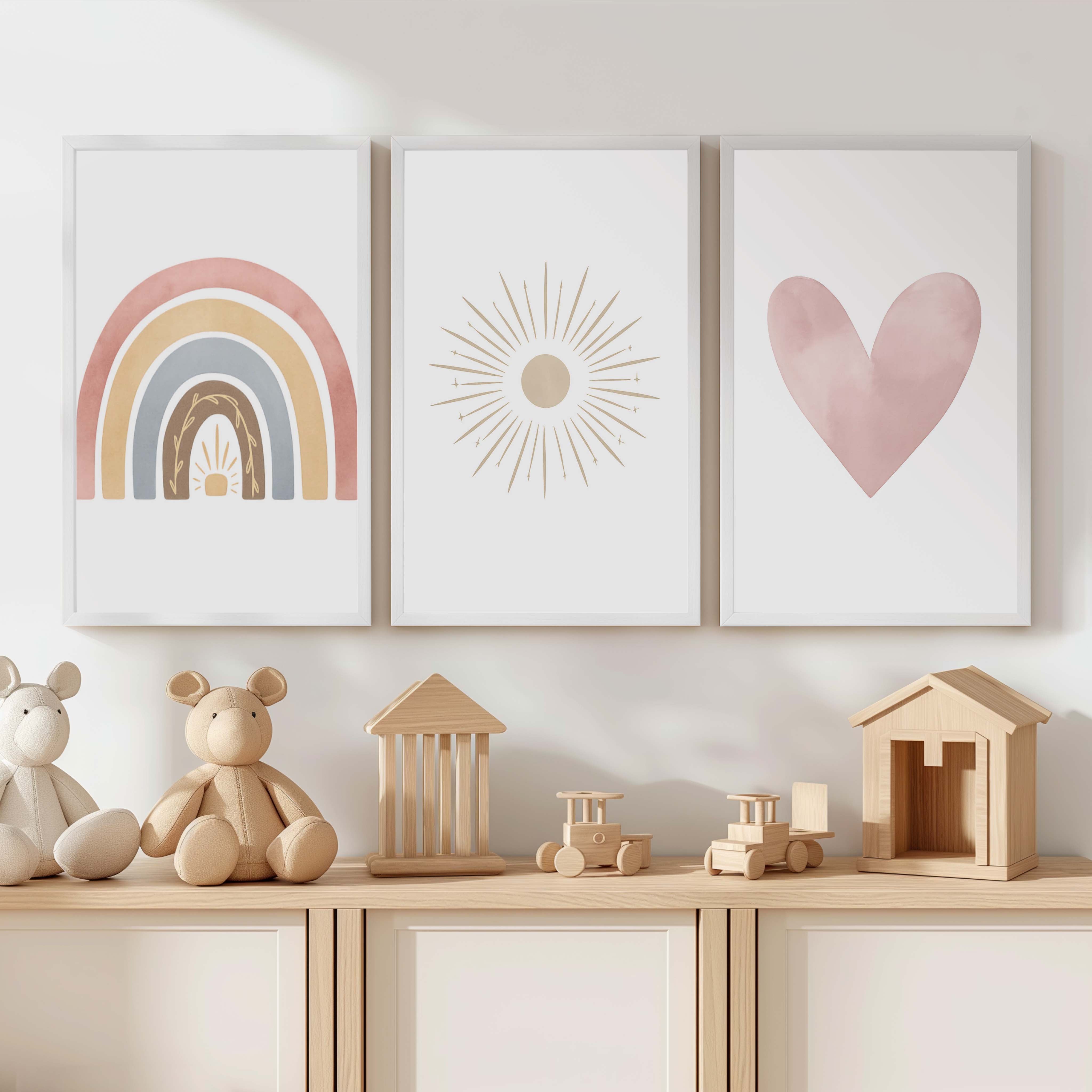 Neutral Nursery Wall Decor – Rainbow, Sun & Heart Print Set (3) - White Framed Poster No Border - Artworksets