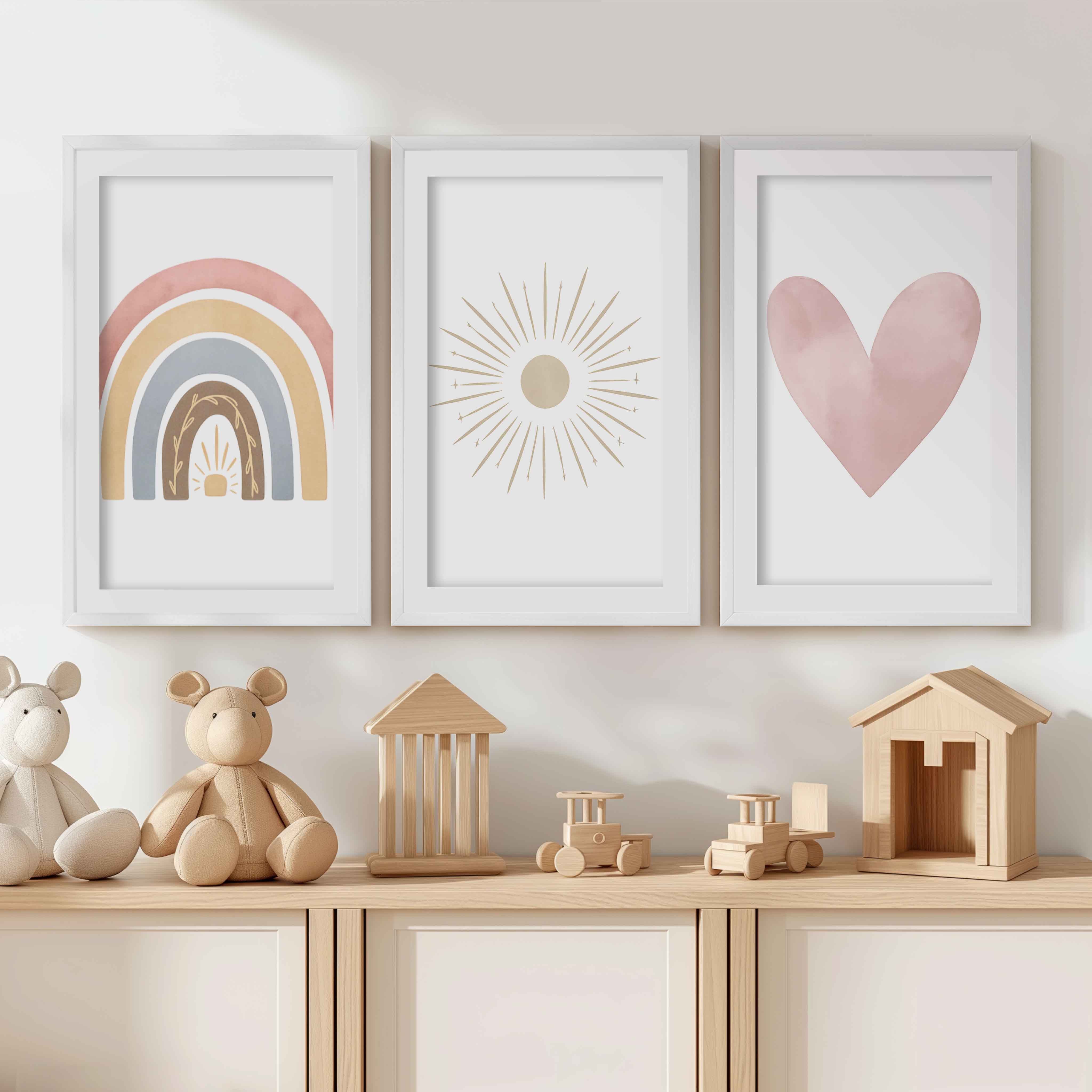 Neutral Nursery Wall Decor – Rainbow, Sun & Heart Print Set (3) - White Framed Poster with White Border - Artworksets