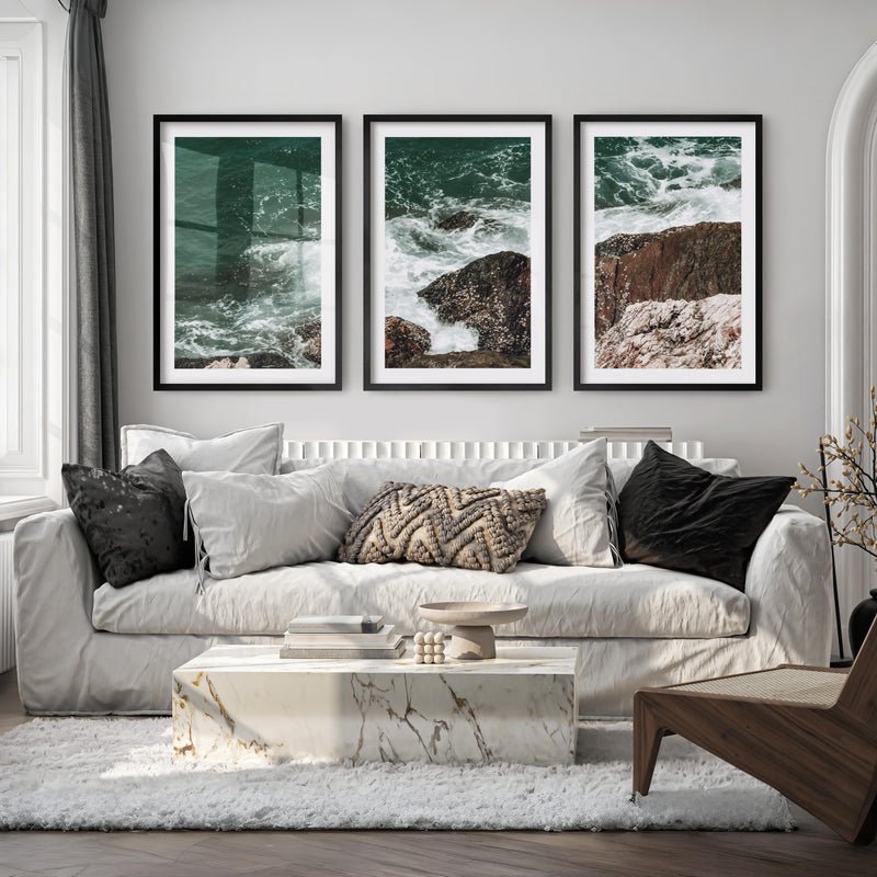 Rocky Surf ocean accent wall - Black Framed Poster with White Border - Artworksets