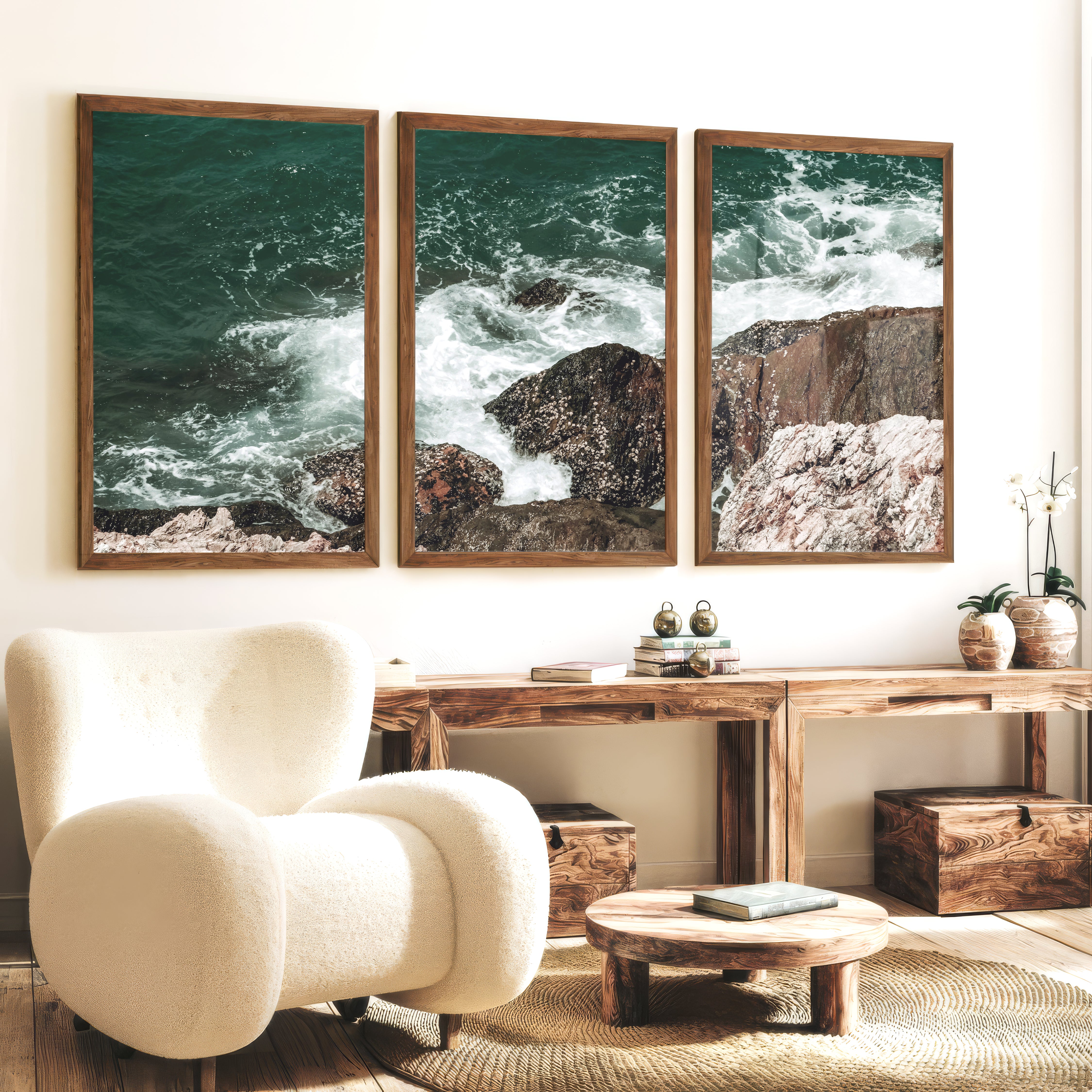 Rocky Surf ocean accent wall - Dark Brown Framed Poster No Border - Artworksets