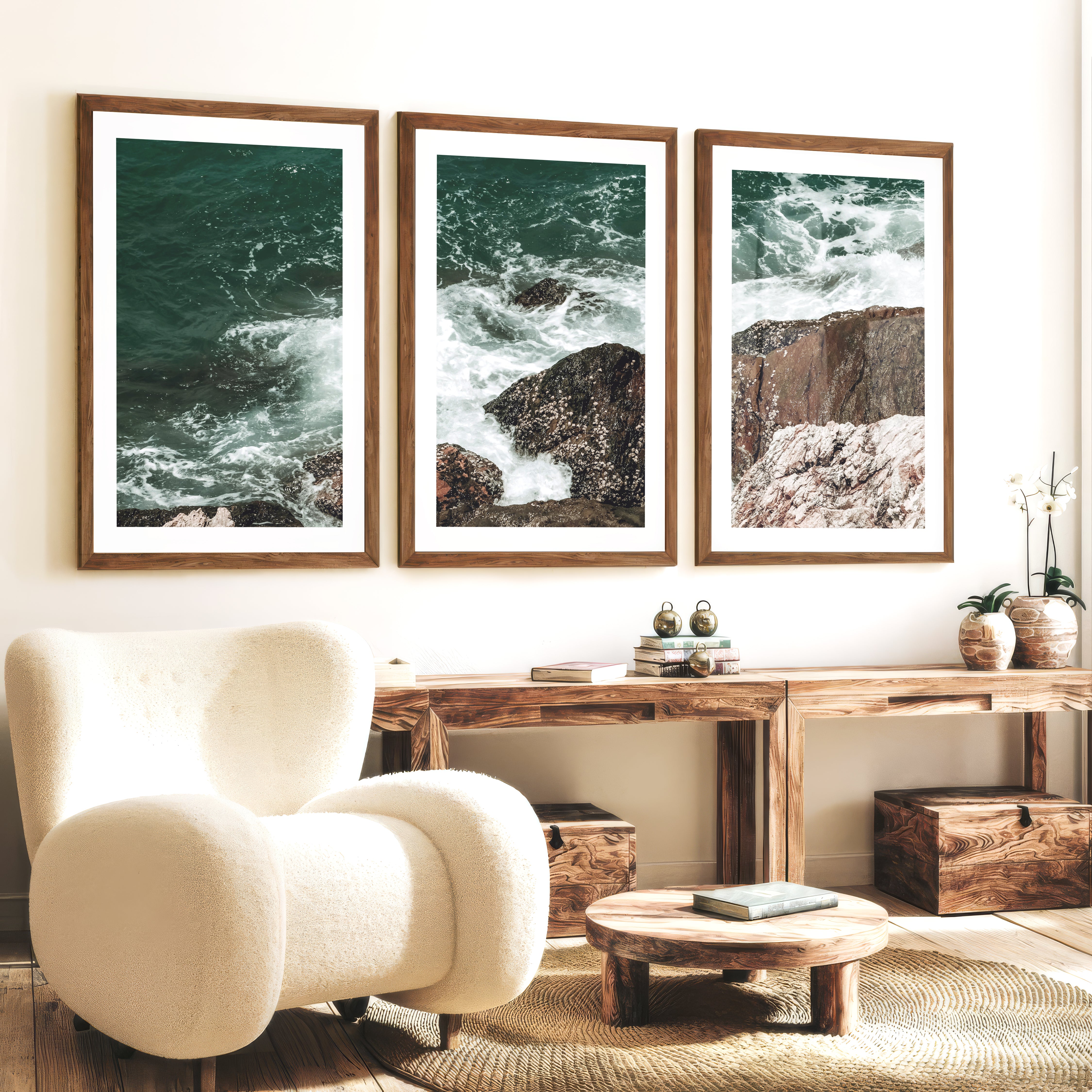 Rocky Surf ocean accent wall - Dark Brown Framed Poster with White Border - Artworksets