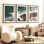 Rocky Surf ocean accent wall - Dark Brown Framed Poster with White Border - Artworksets