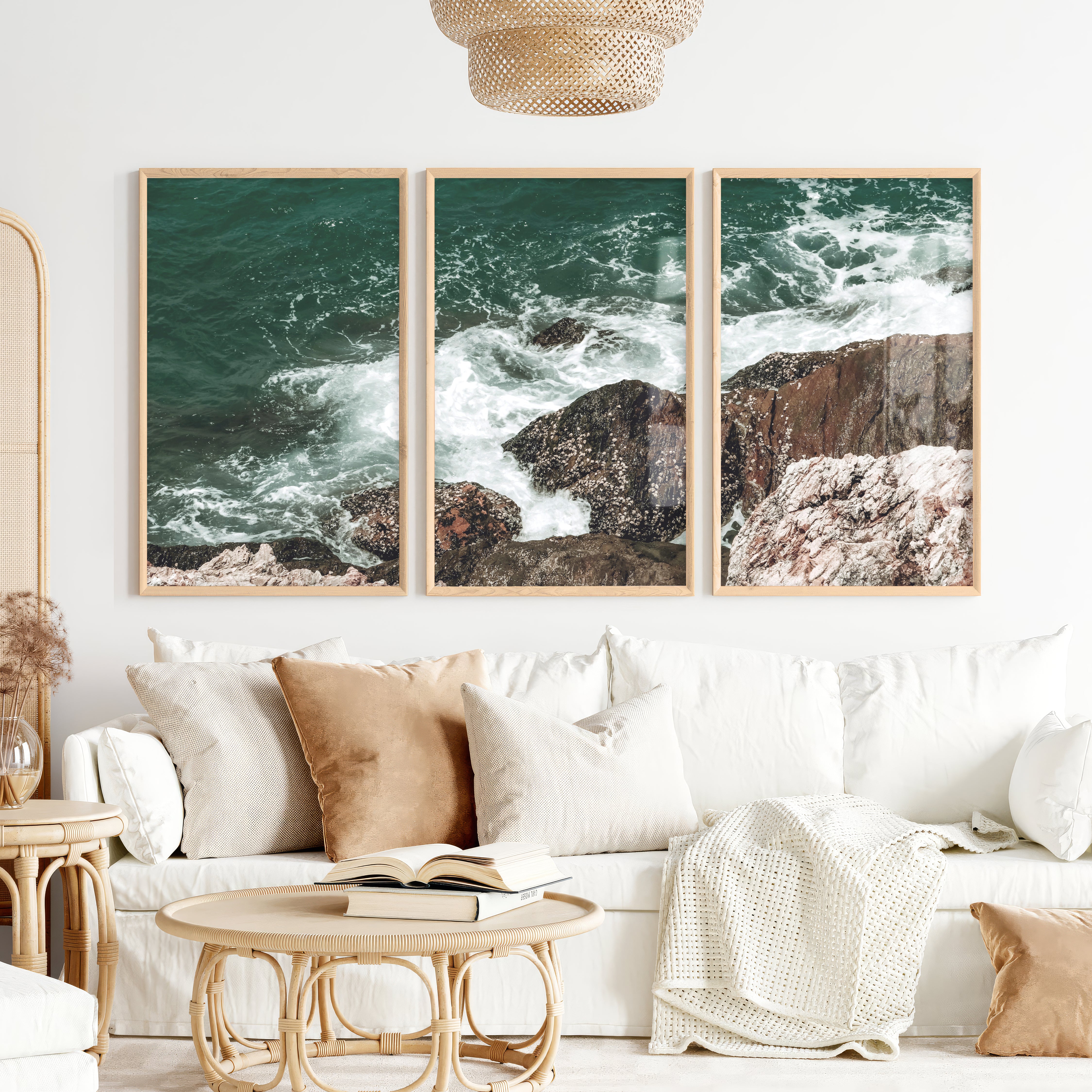 Rocky Surf ocean accent wall - Natural Wood Framed Poster No Border - Artworksets