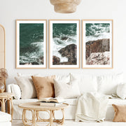 Rocky Surf ocean accent wall- Natural Wood Framed Poster with White Border - Artworksets