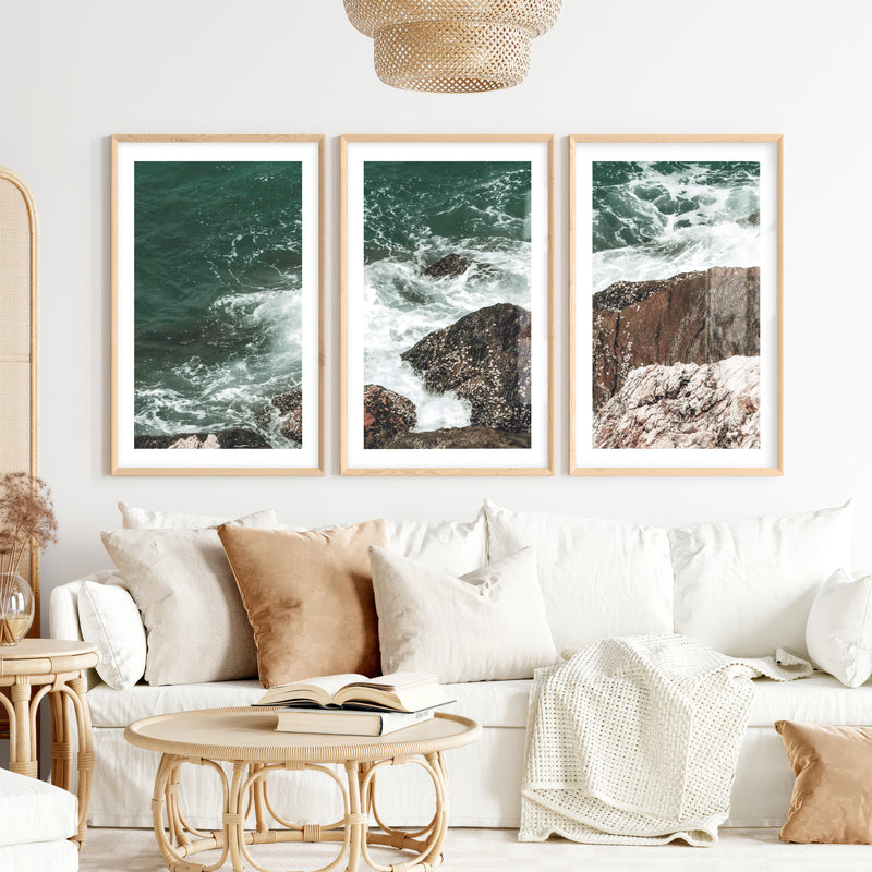 Rocky Surf ocean accent wall- Natural Wood Framed Poster with White Border - Artworksets
