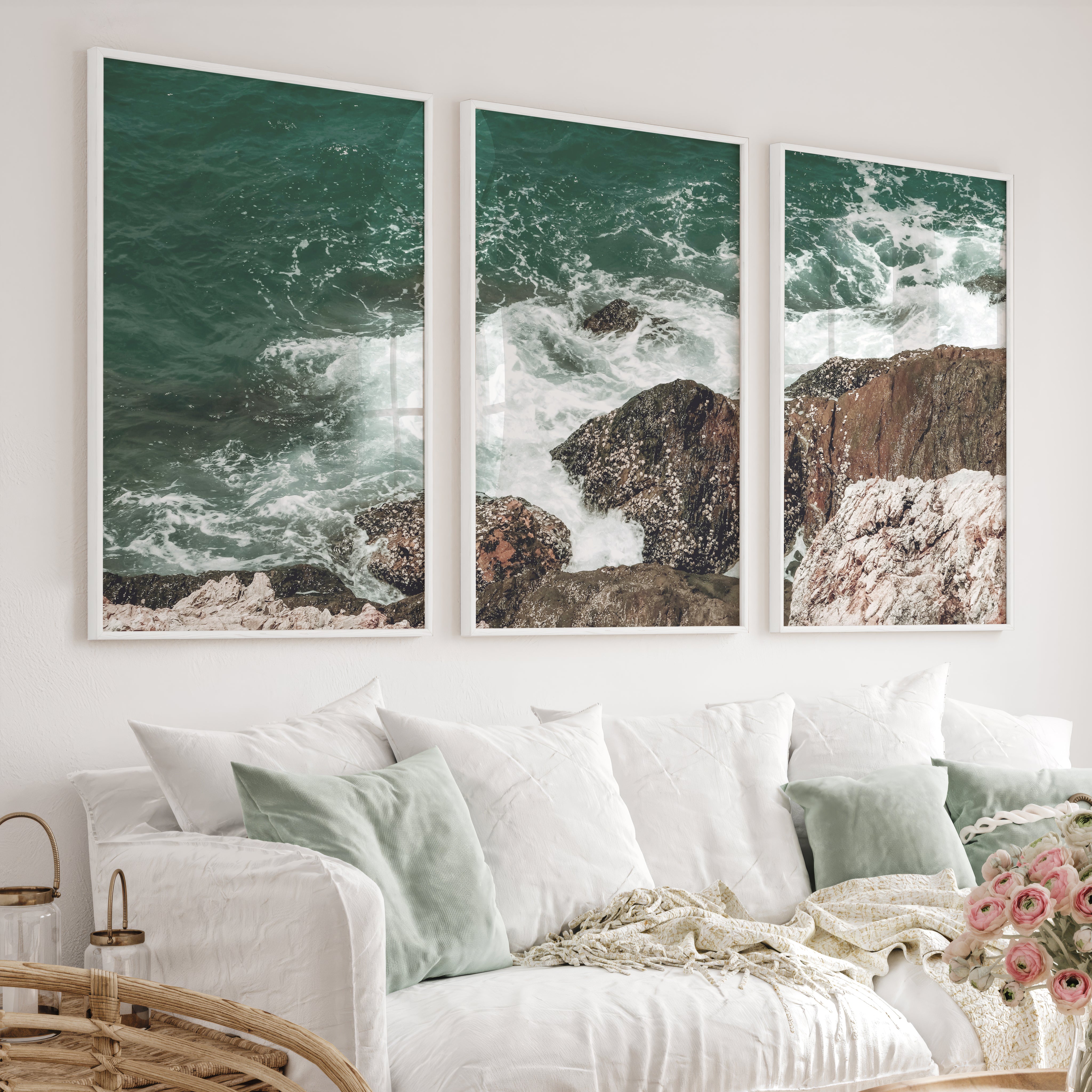 Rocky Surf ocean accent wall - White Framed Poster No Border - Artworksets