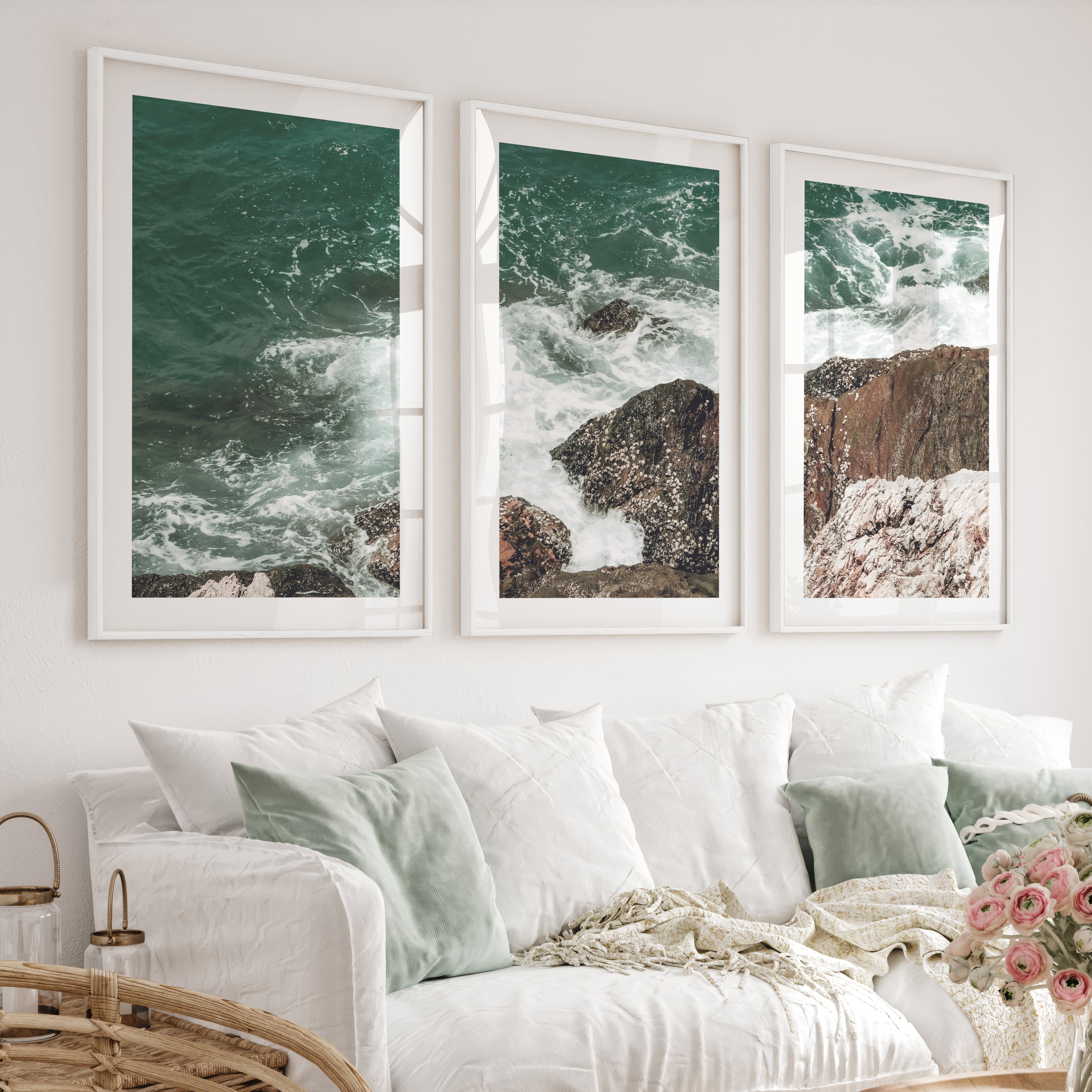Rocky Surf ocean accent wall - White Framed Poster with White Border - Artworksets