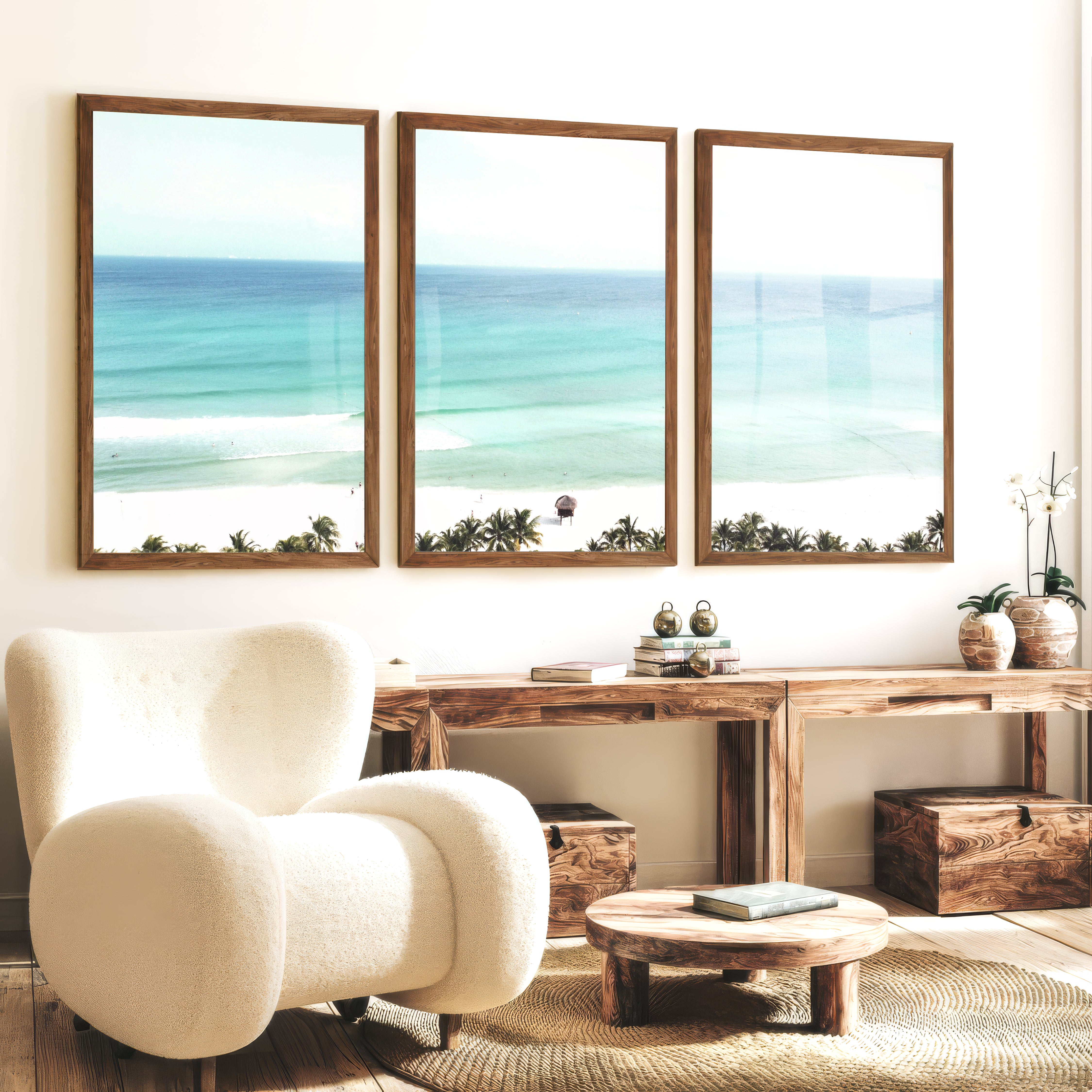 Turquoise Shore ocean art - Dark Brown Framed Poster No Border - Artworksets