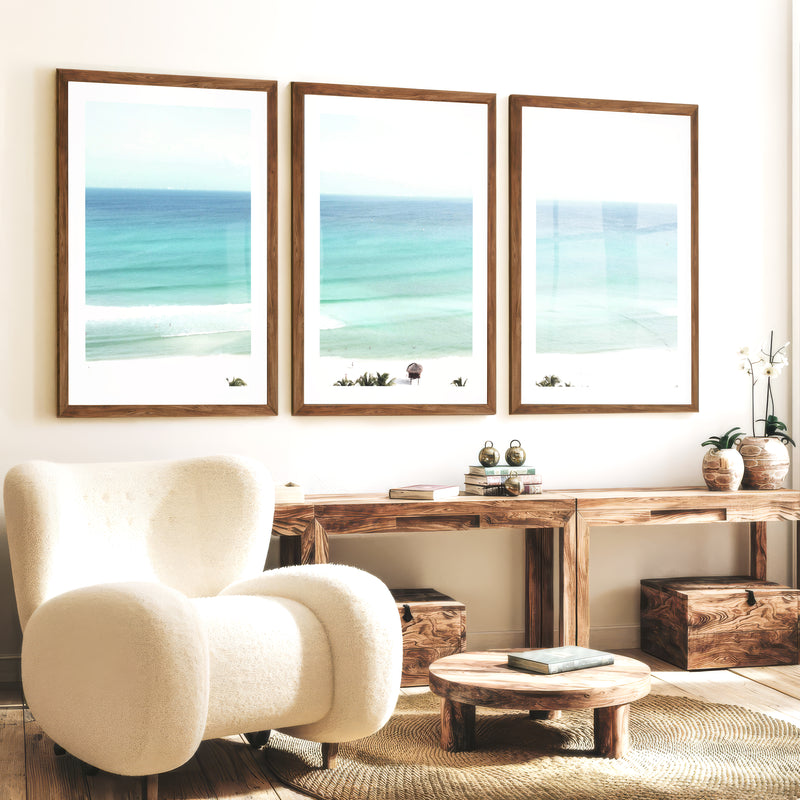 Turquoise Shore ocean art - Dark Brown Framed Poster with White Border - Artworksets