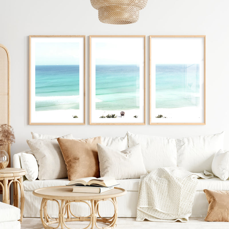 Turquoise Shore ocean art- Natural Wood Framed Poster with White Border - Artworksets