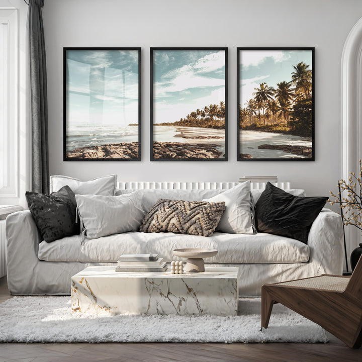 Palm Lined Beach Ocean Art Poster - Black Framed Poster No Border - Artworksets