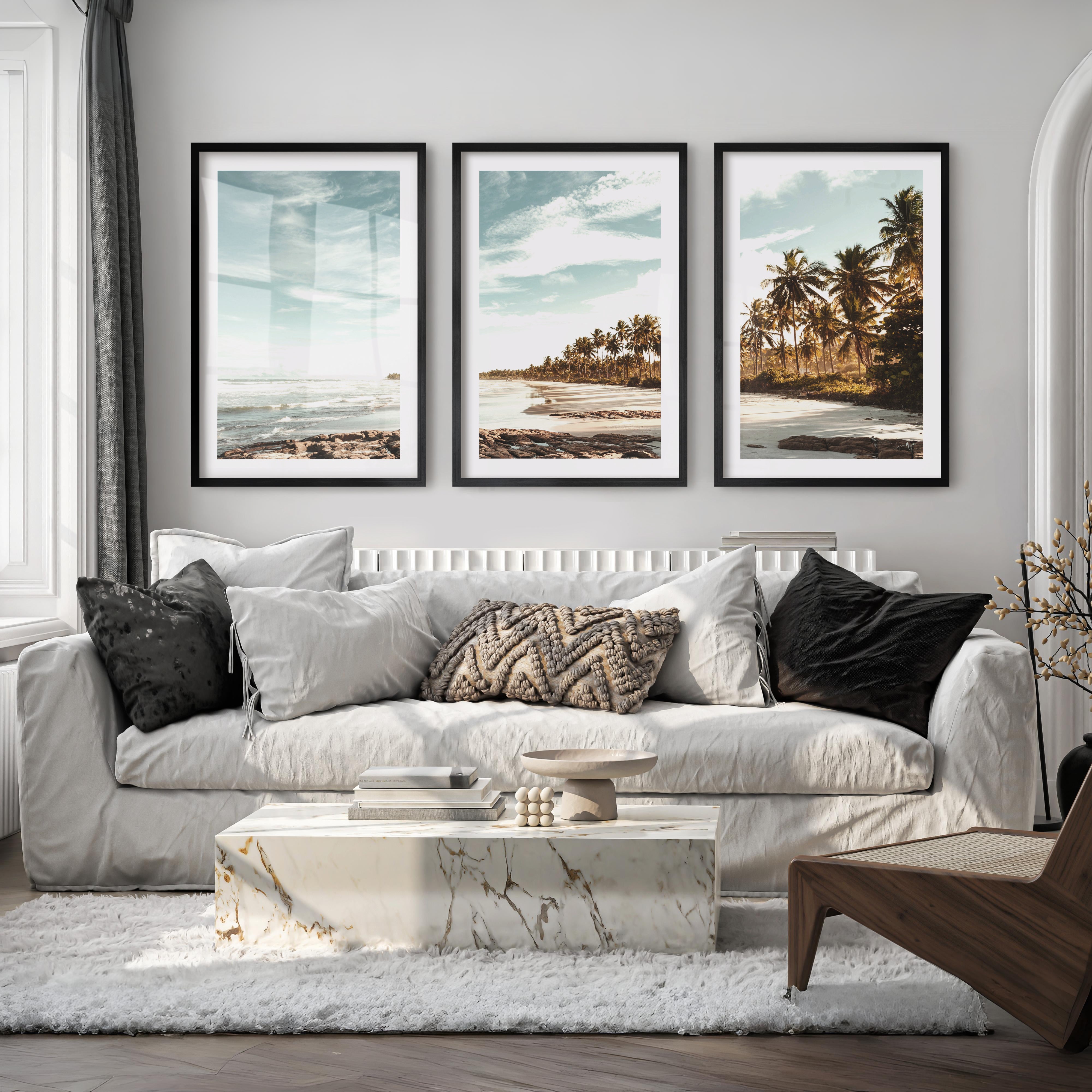 Palm Lined Beach Ocean Art Poster - Black Framed Poster with White Border - Artworksets