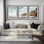 Palm Lined Beach Ocean Art Poster - Black Framed Poster with White Border - Artworksets