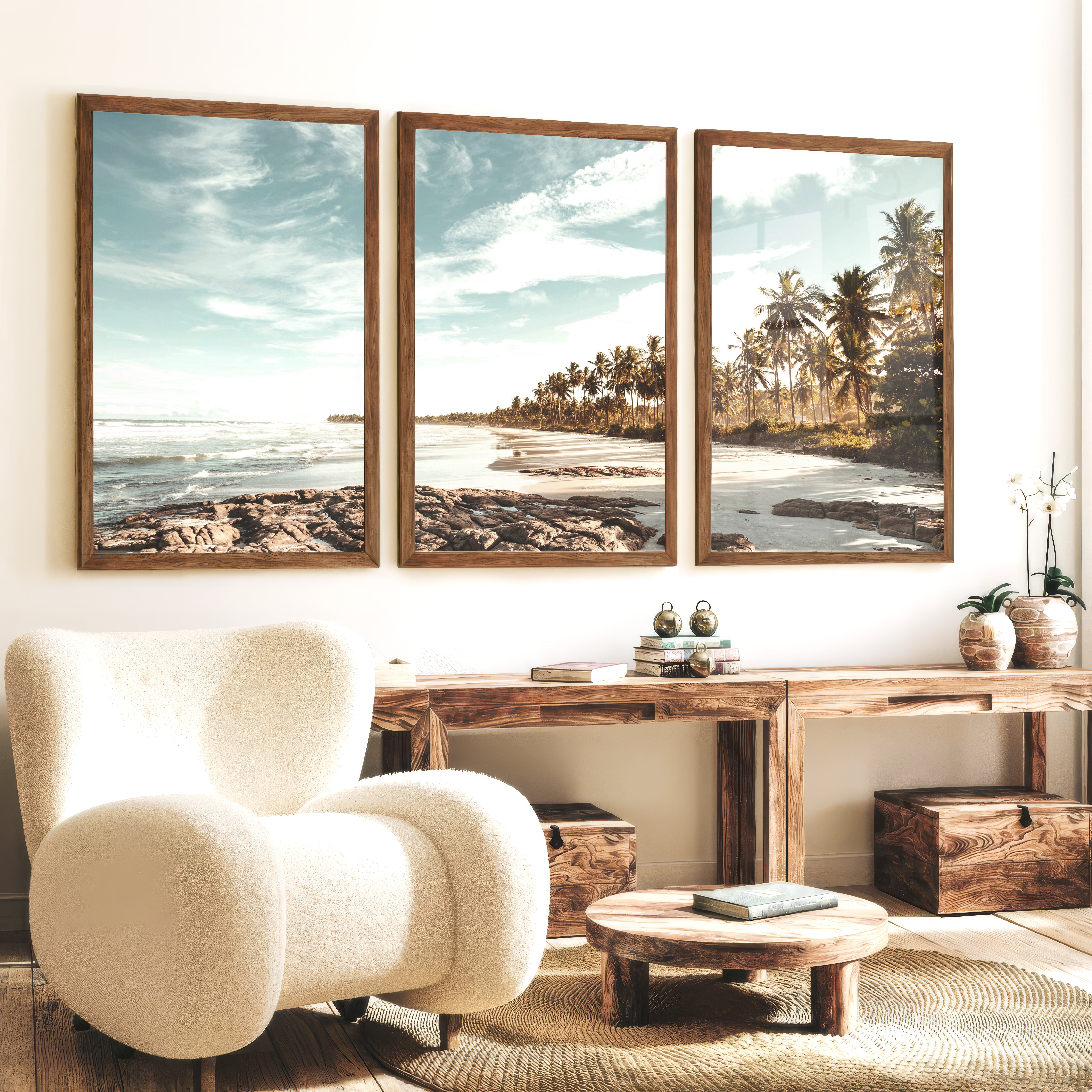 Palm Lined Beach Ocean Art Poster - Dark Brown Framed Poster No Border - Artworksets