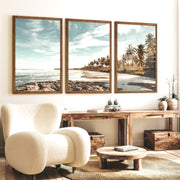 Palm Lined Beach Ocean Art Poster - Dark Brown Framed Poster No Border - Artworksets