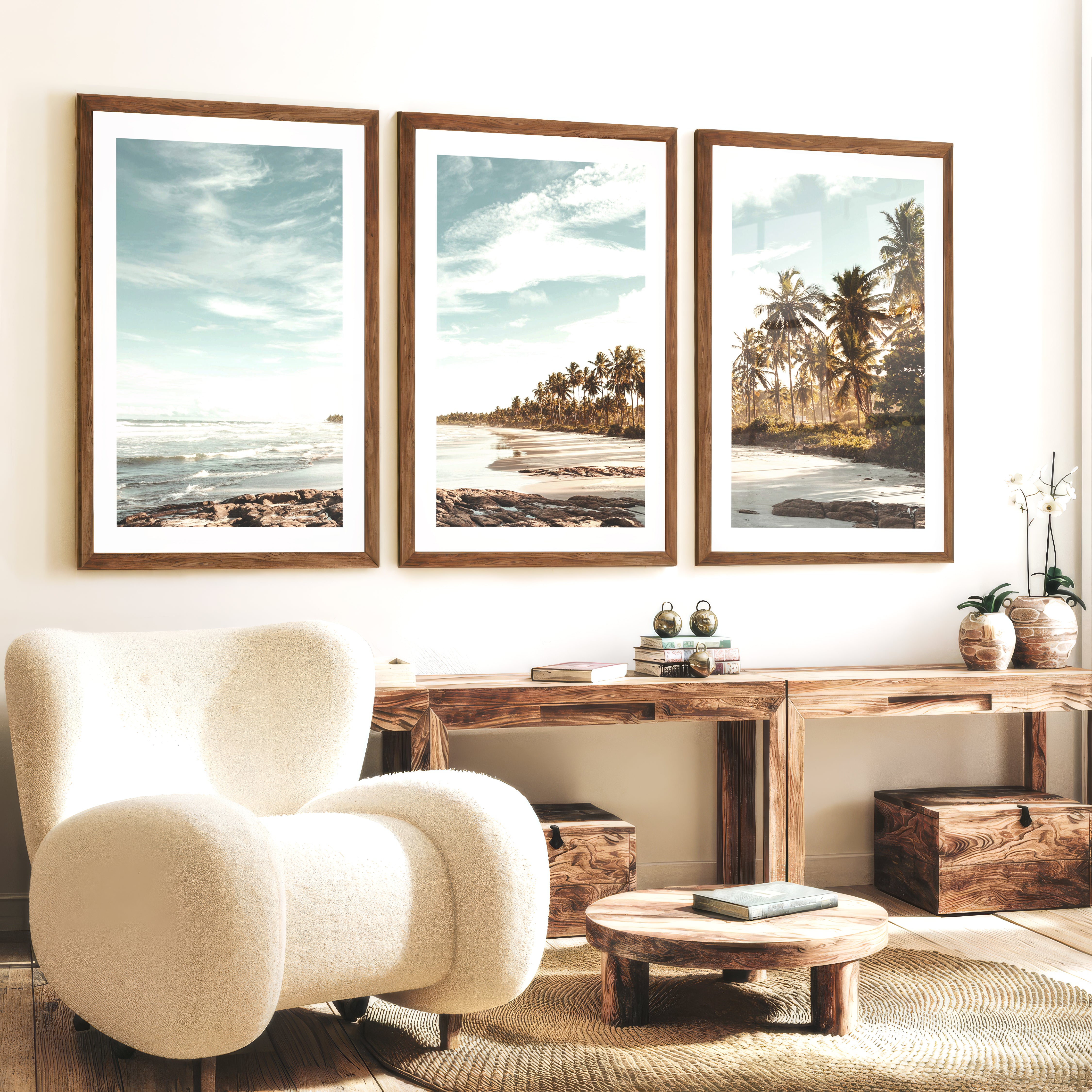 Palm Lined Beach Ocean Art Poster - Dark Brown Framed Poster with White Border - Artworksets