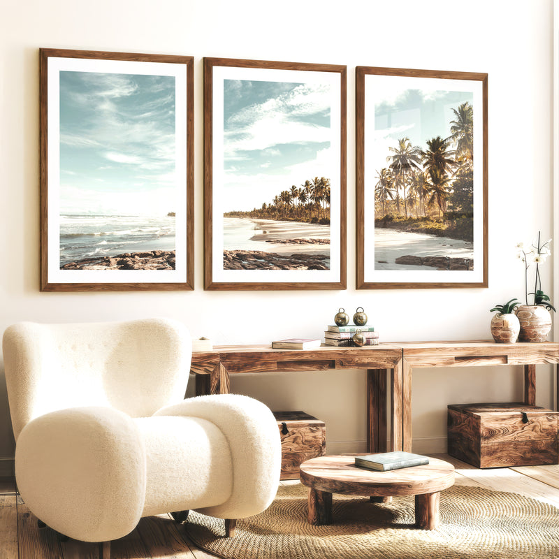 Palm Lined Beach Ocean Art Poster - Dark Brown Framed Poster with White Border - Artworksets