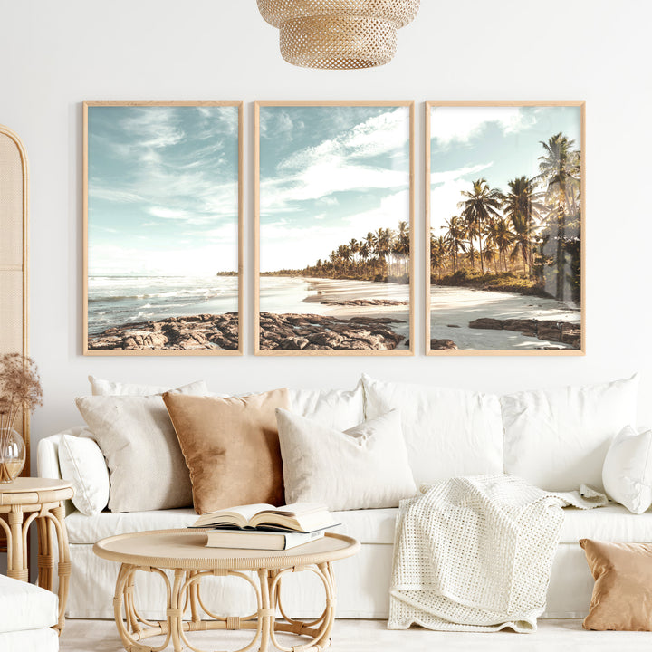 Palm Lined Beach Ocean Art Poster - Natural Wood Framed Poster No Border - Artworksets