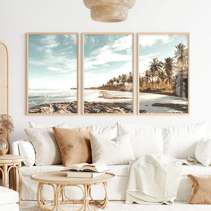 Palm Lined Beach Ocean Art Poster - Natural Wood Framed Poster No Border - Artworksets