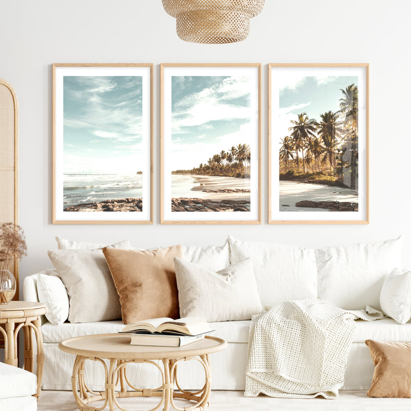 Palm Lined Beach Ocean Art Poster- Natural Wood Framed Poster with White Border - Artworksets