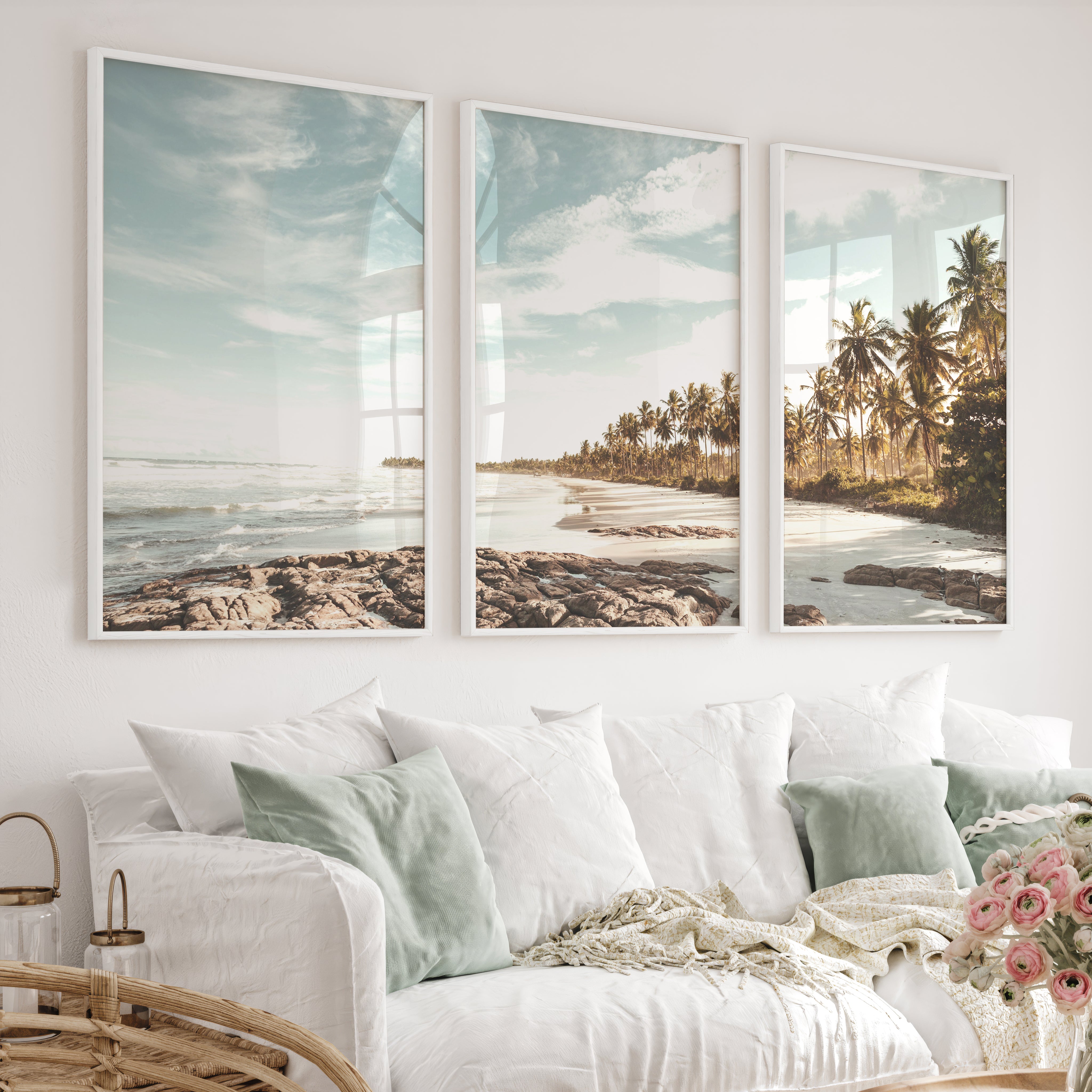 Palm Lined Beach Ocean Art Poster - White Framed Poster No Border - Artworksets