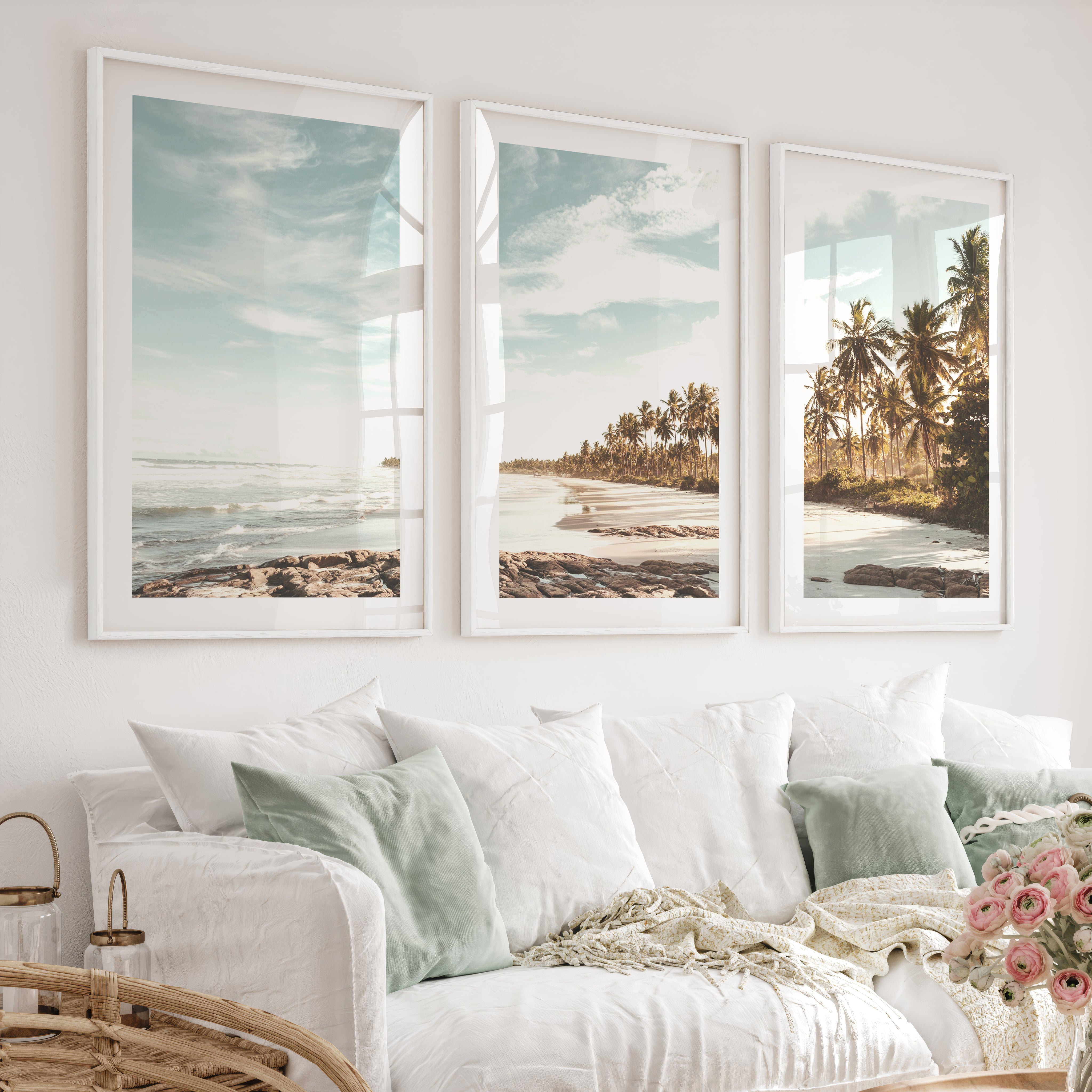 Palm Lined Beach Ocean Art Poster - White Framed Poster with White Border - Artworksets