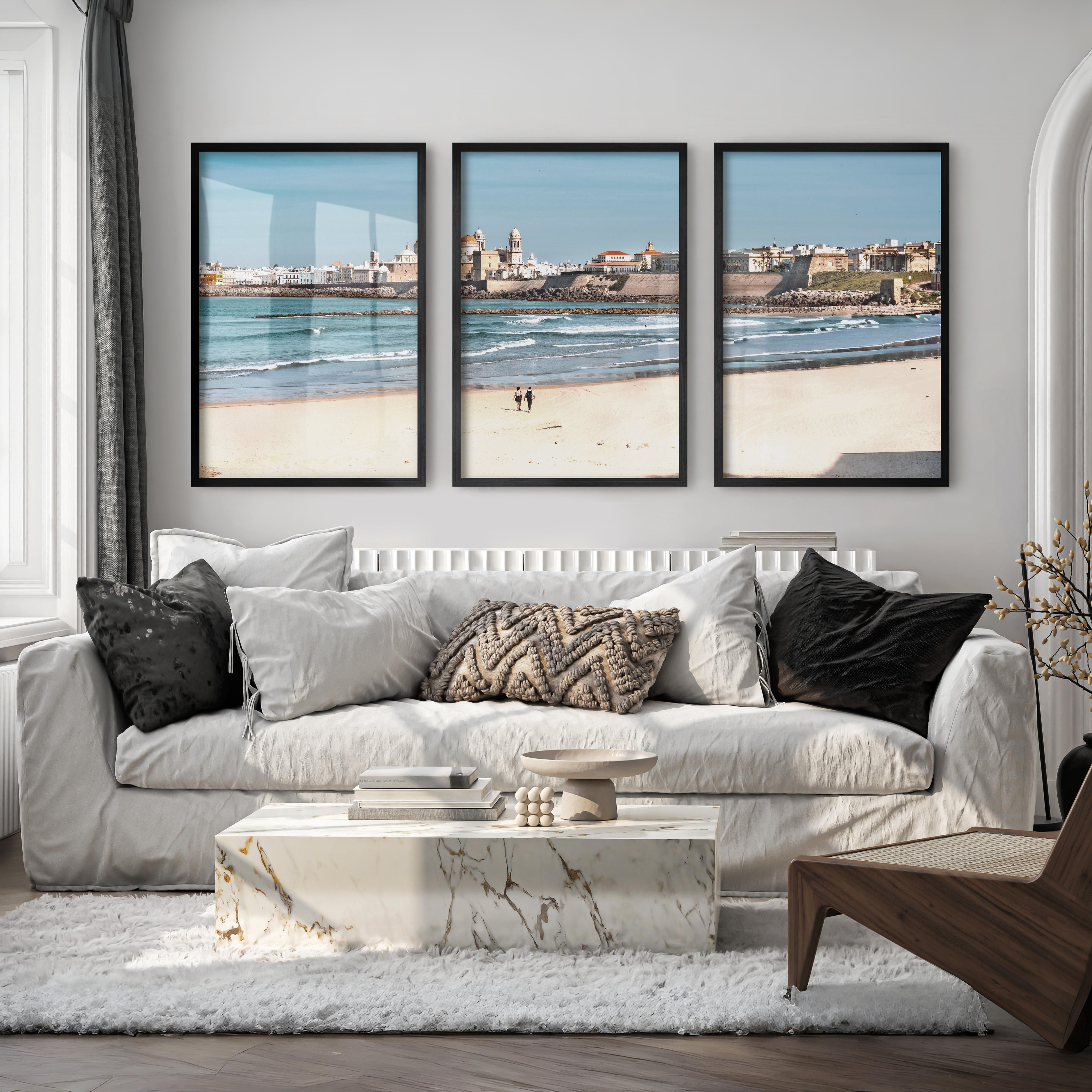 Cathedral skyline ocean art prints from a sandy beach - Black Framed Poster No Border - Artworksets