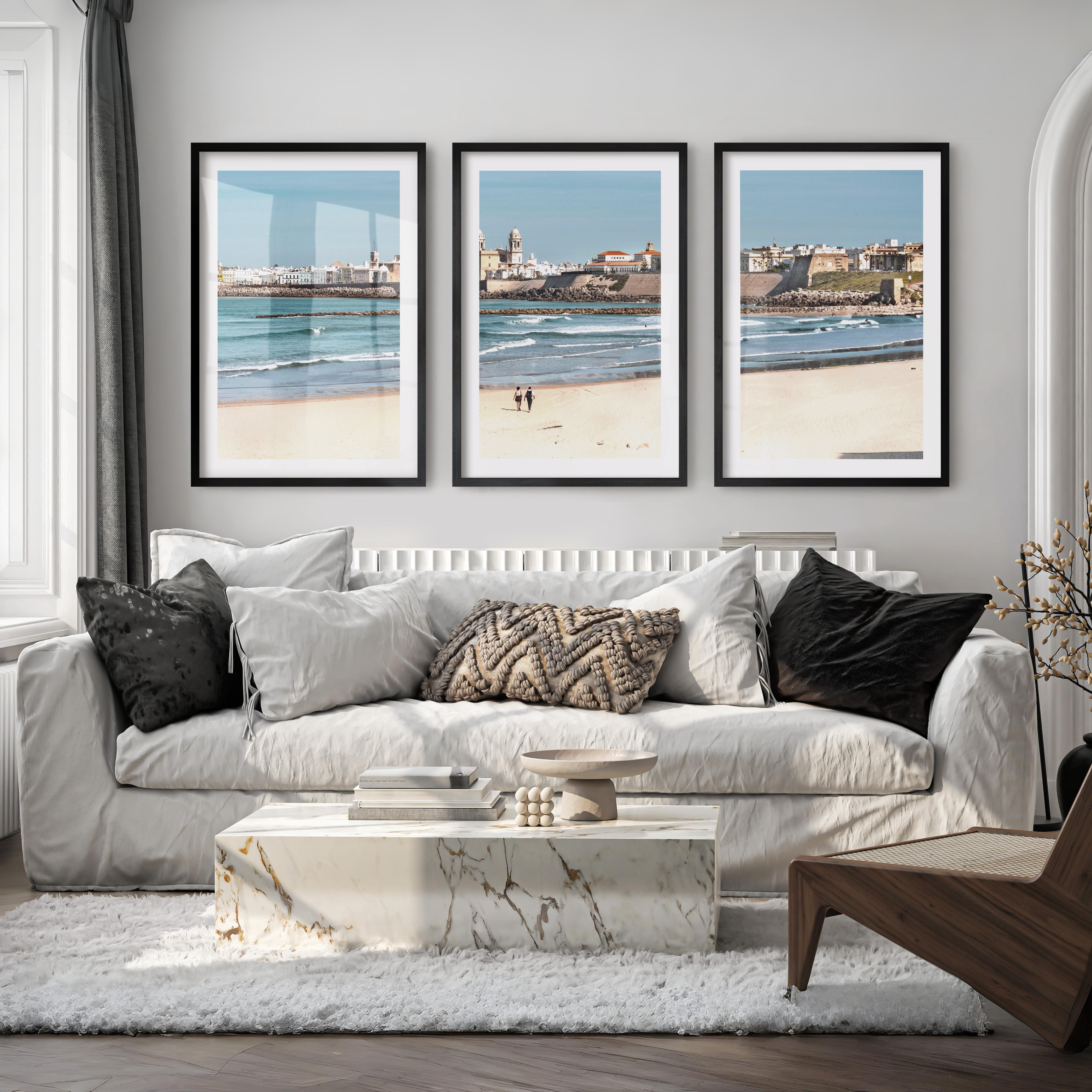 Cathedral skyline ocean art prints from a sandy beach - Black Framed Poster with White Border - Artworksets