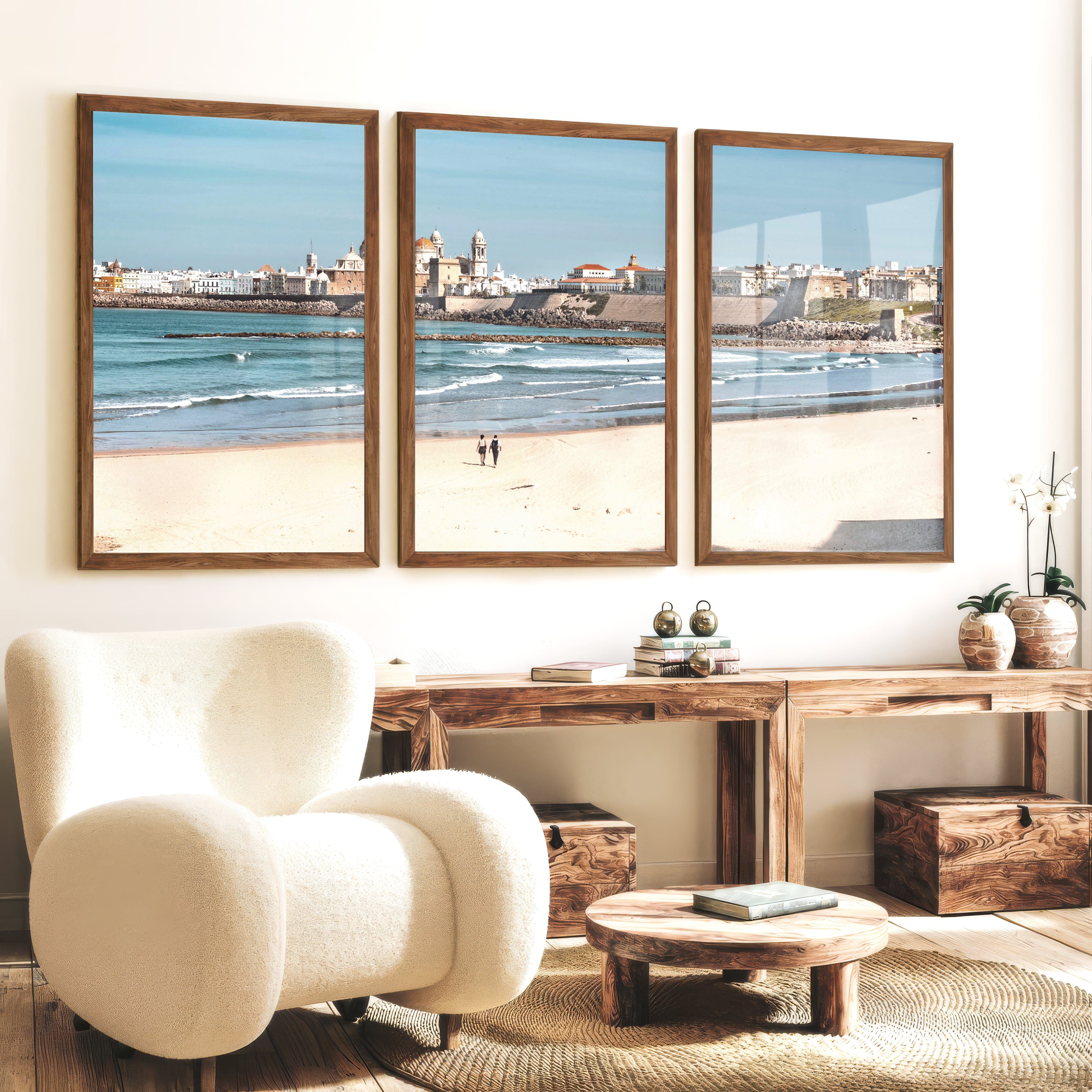 Cathedral skyline ocean art prints from a sandy beach - Dark Brown Framed Poster No Border - Artworksets