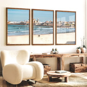 Cathedral skyline ocean art prints from a sandy beach - Dark Brown Framed Poster No Border - Artworksets