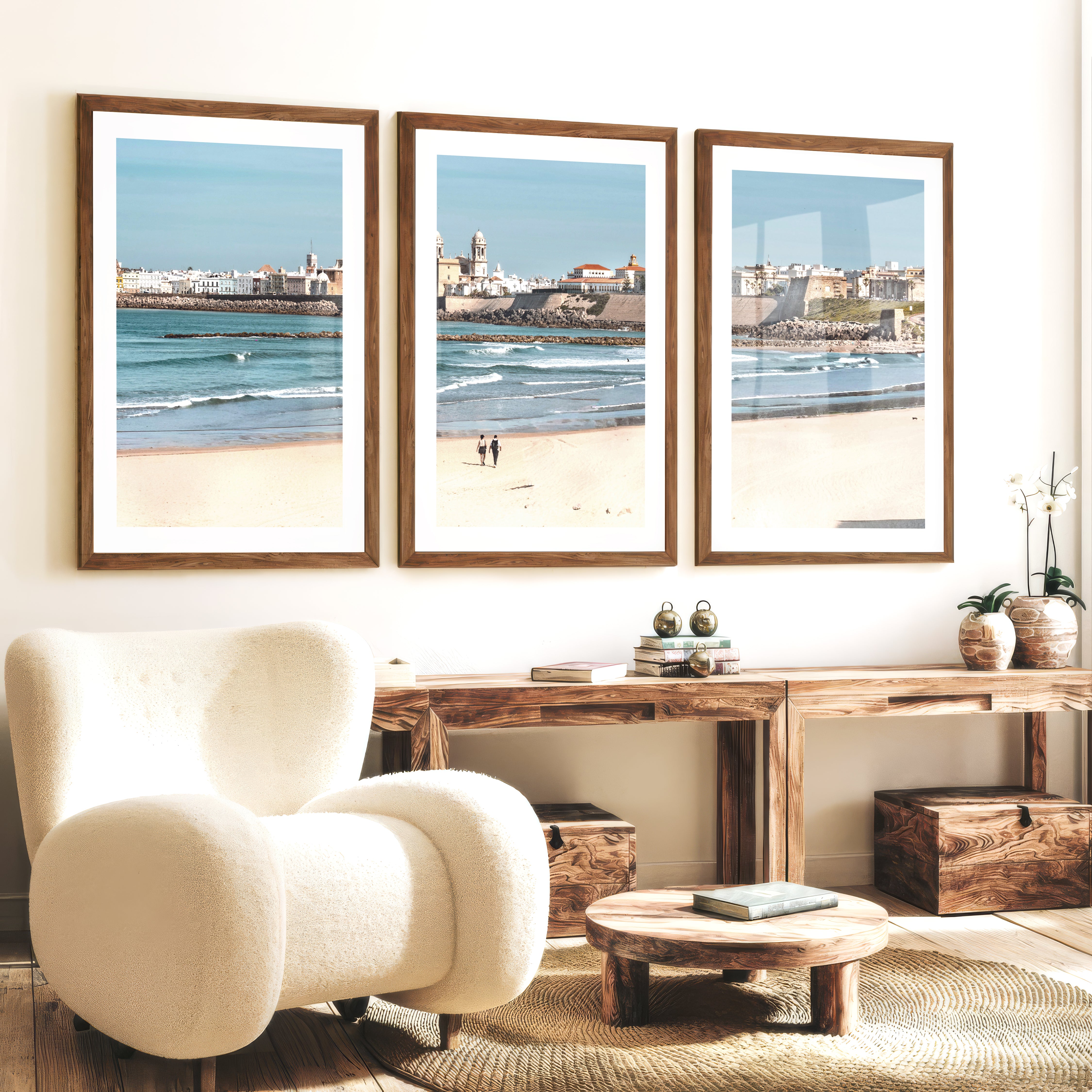 Cathedral skyline ocean art prints from a sandy beach - Dark Brown Framed Poster with White Border - Artworksets