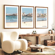 Cathedral skyline ocean art prints from a sandy beach - Dark Brown Framed Poster with White Border - Artworksets