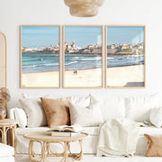 Cathedral skyline ocean art prints from a sandy beach - Natural Wood Framed Poster No Border - Artworksets