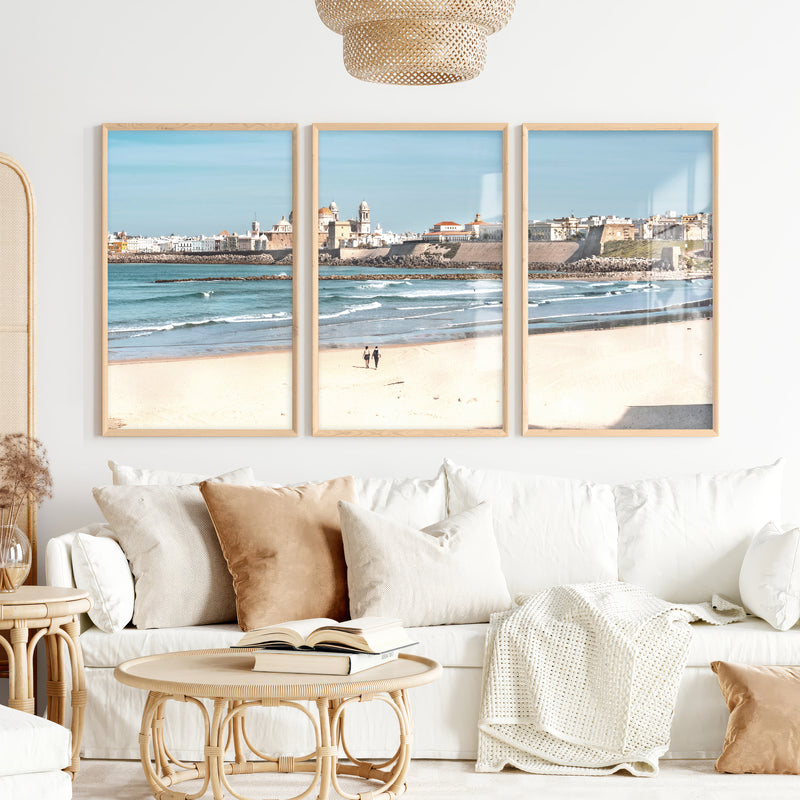 Cathedral skyline ocean art prints from a sandy beach - Natural Wood Framed Poster No Border - Artworksets
