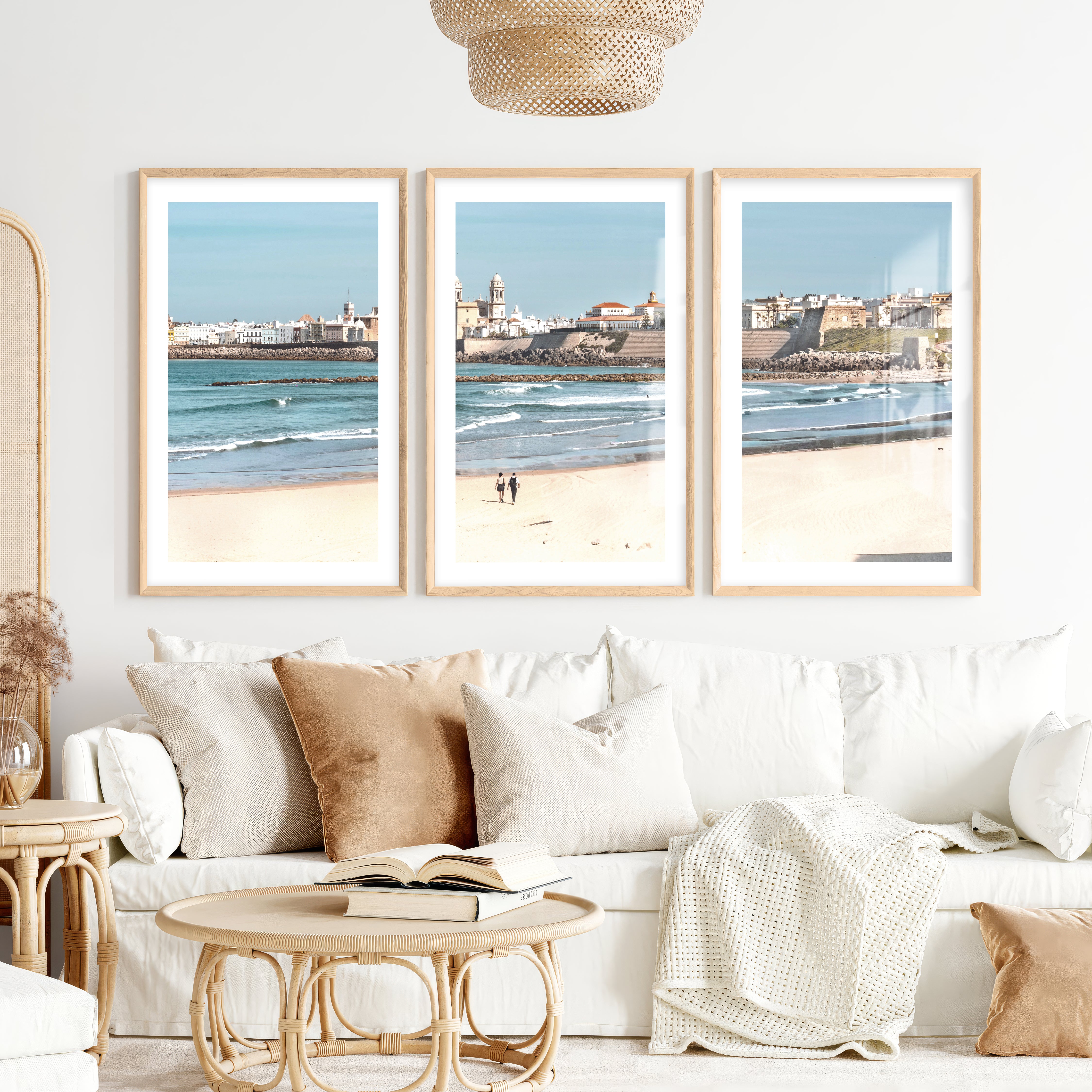 Cathedral skyline ocean art prints from a sandy beach- Natural Wood Framed Poster with White Border - Artworksets