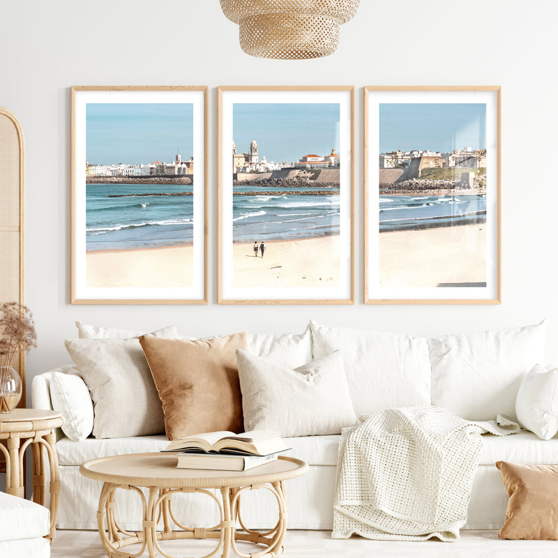 Cathedral skyline ocean art prints from a sandy beach- Natural Wood Framed Poster with White Border - Artworksets