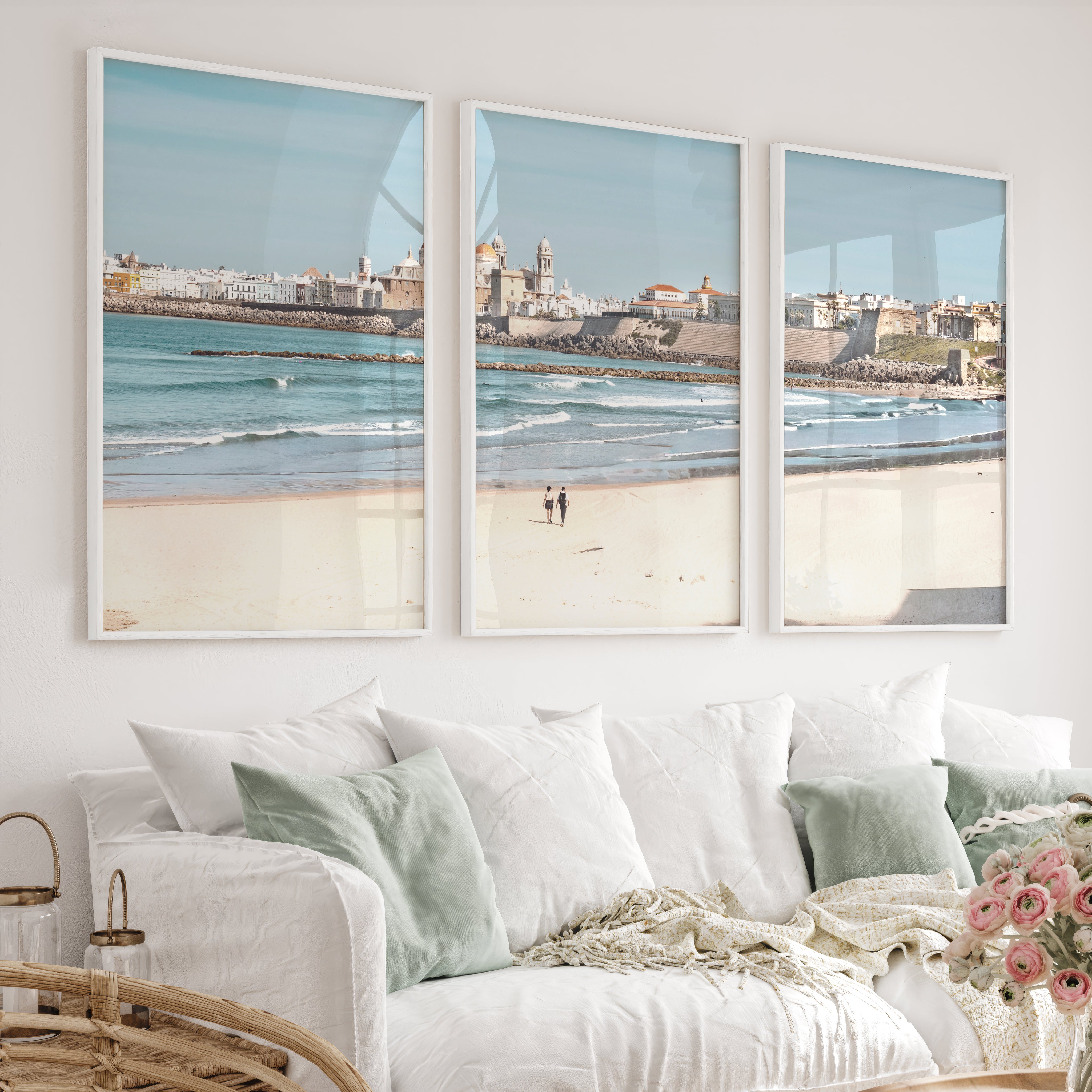 Cathedral skyline ocean art prints from a sandy beach - White Framed Poster No Border - Artworksets
