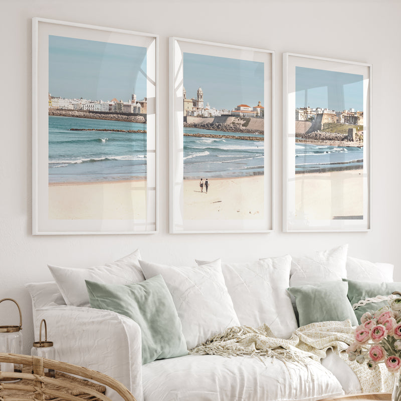 Cathedral skyline ocean art prints from a sandy beach - White Framed Poster with White Border - Artworksets