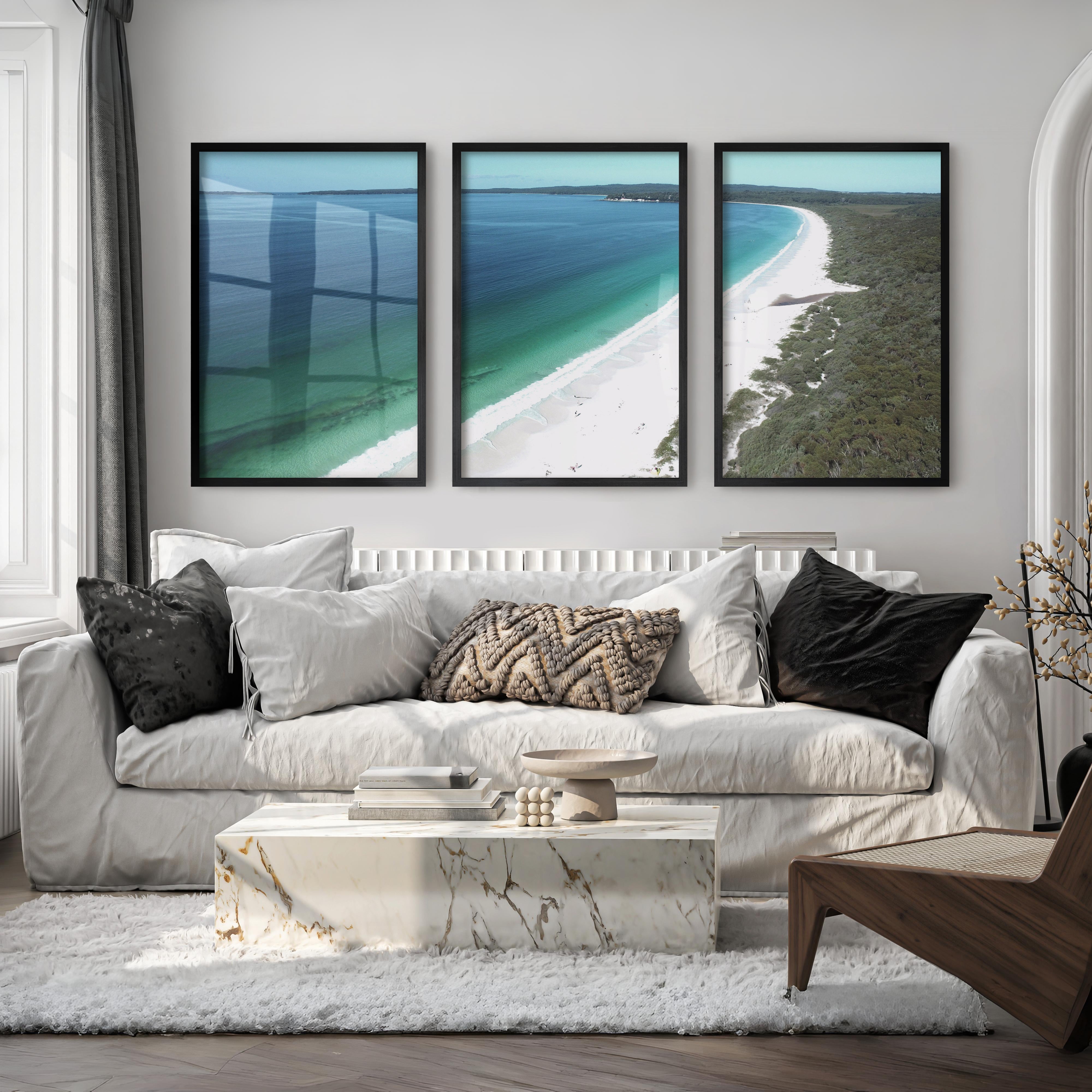 White Sand Bay Ocean Art Wall - Black Framed Poster No Border - Artworksets