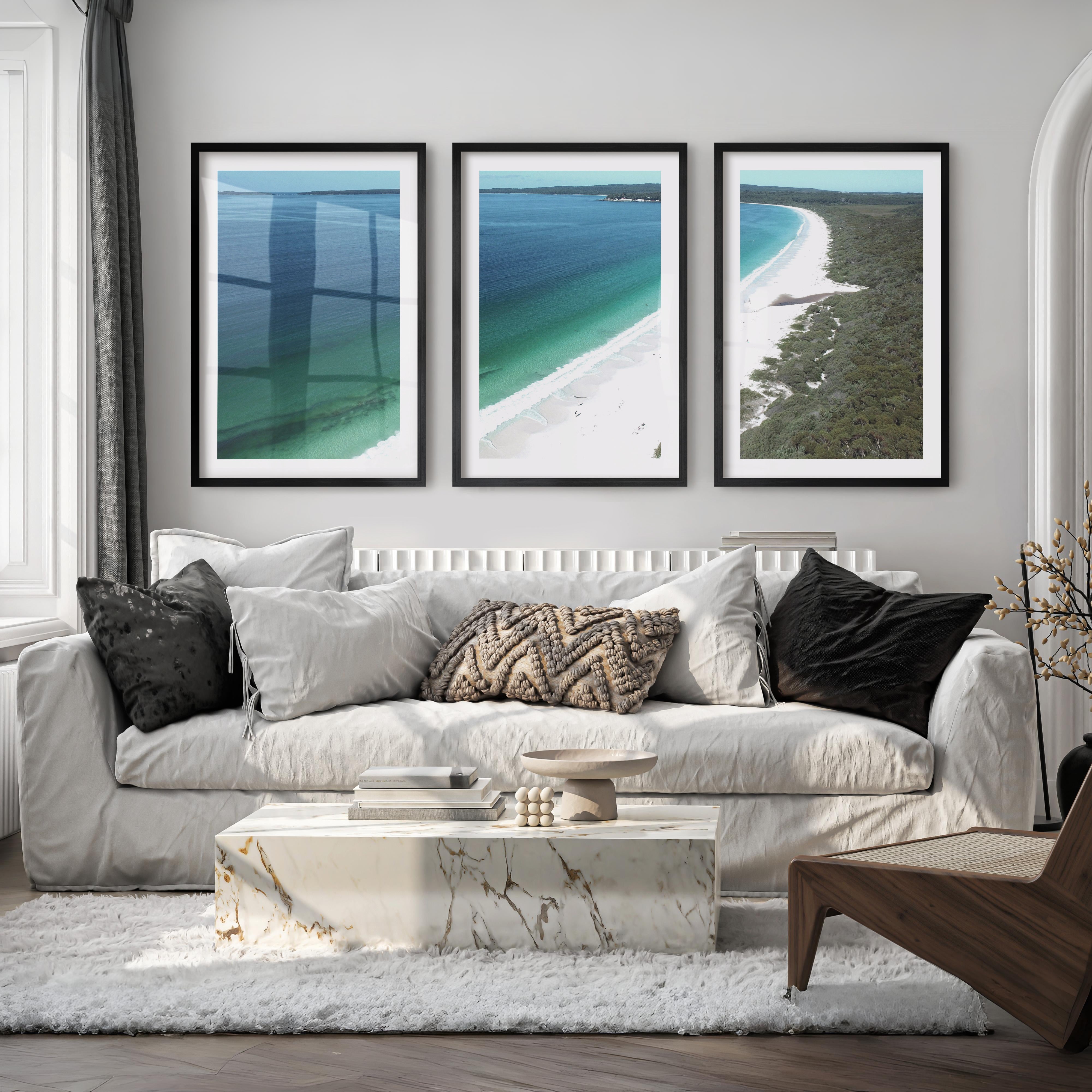 White Sand Bay Ocean Art Wall - Black Framed Poster with White Border - Artworksets