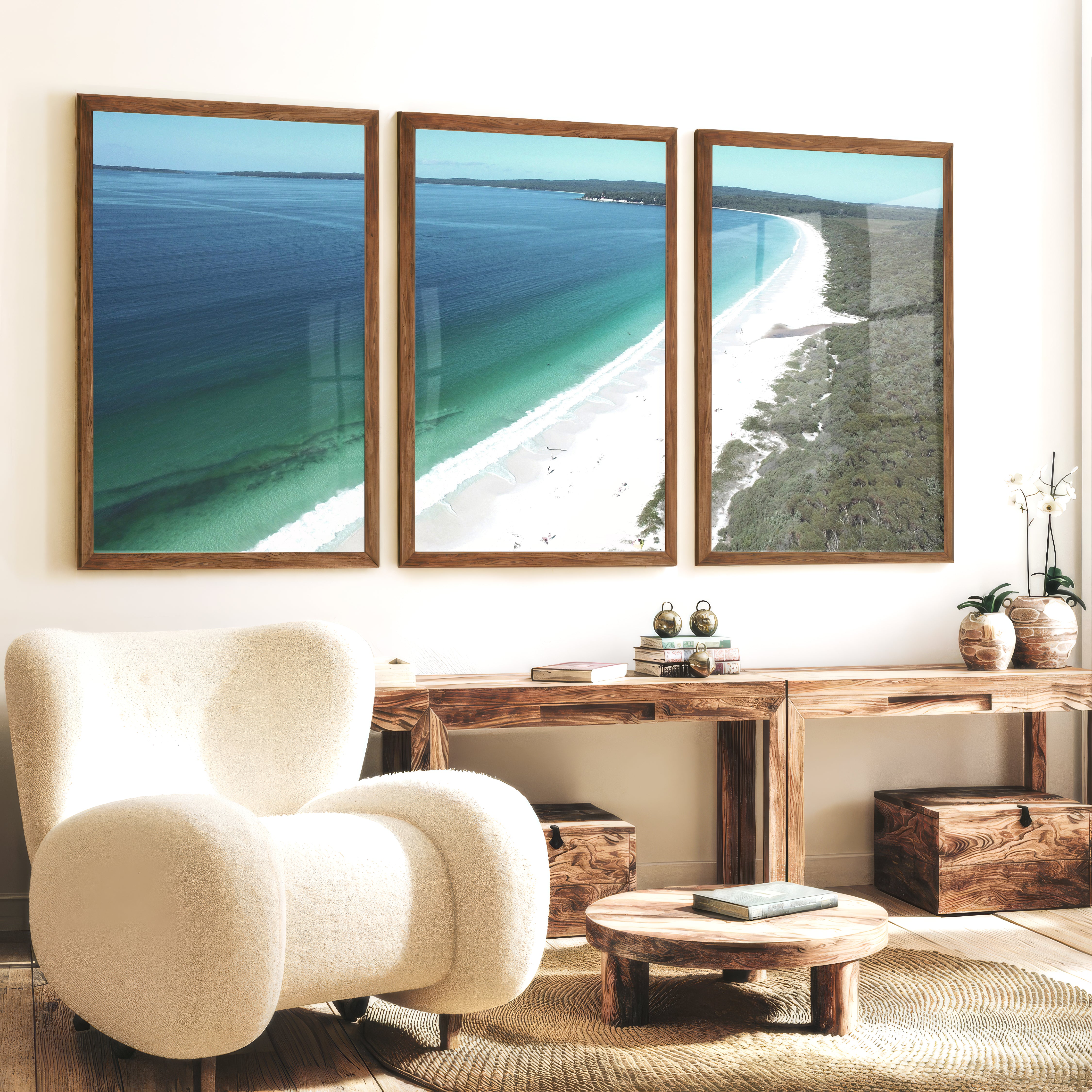 White Sand Bay Ocean Art Wall - Dark Brown Framed Poster No Border - Artworksets