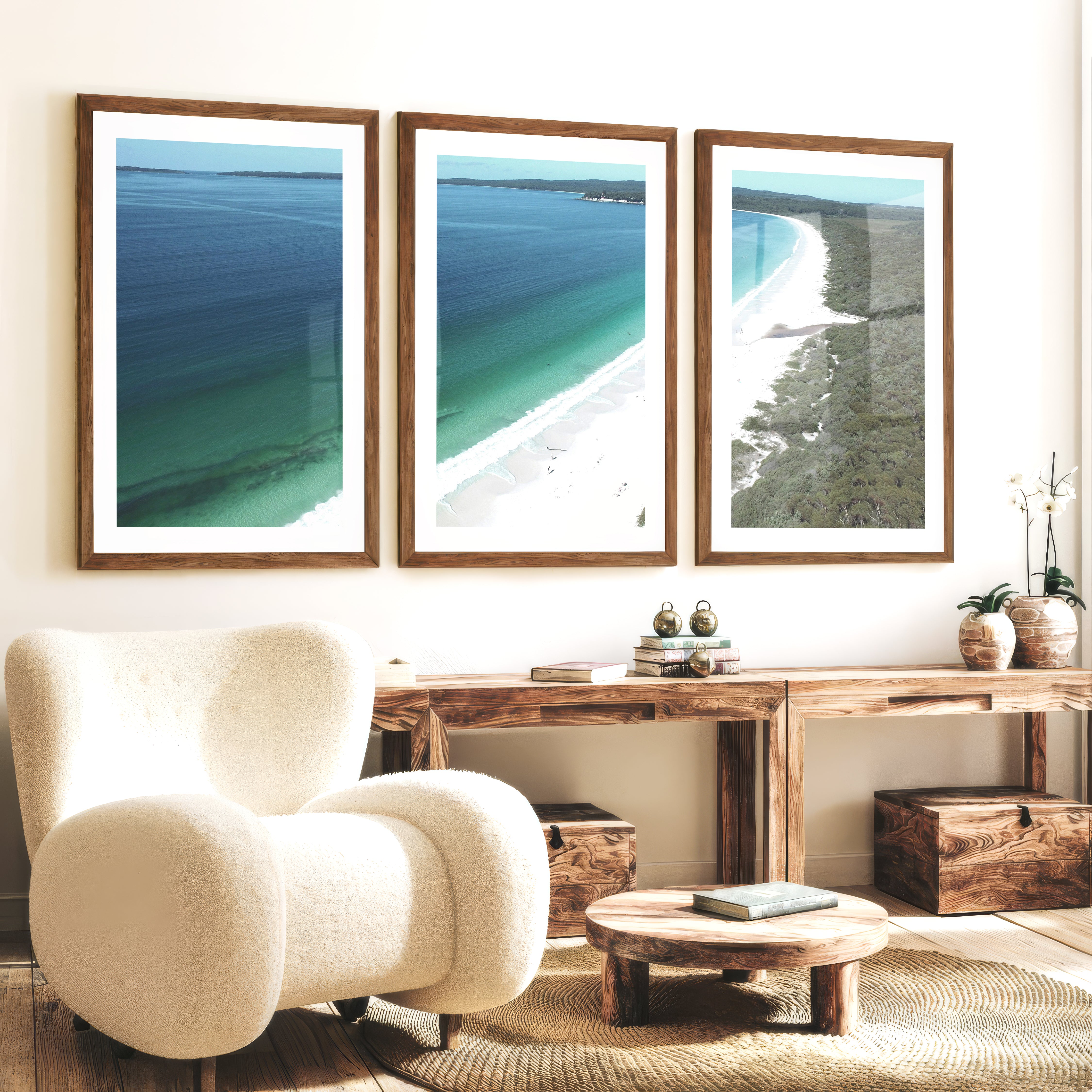 White Sand Bay Ocean Art Wall - Dark Brown Framed Poster with White Border - Artworksets