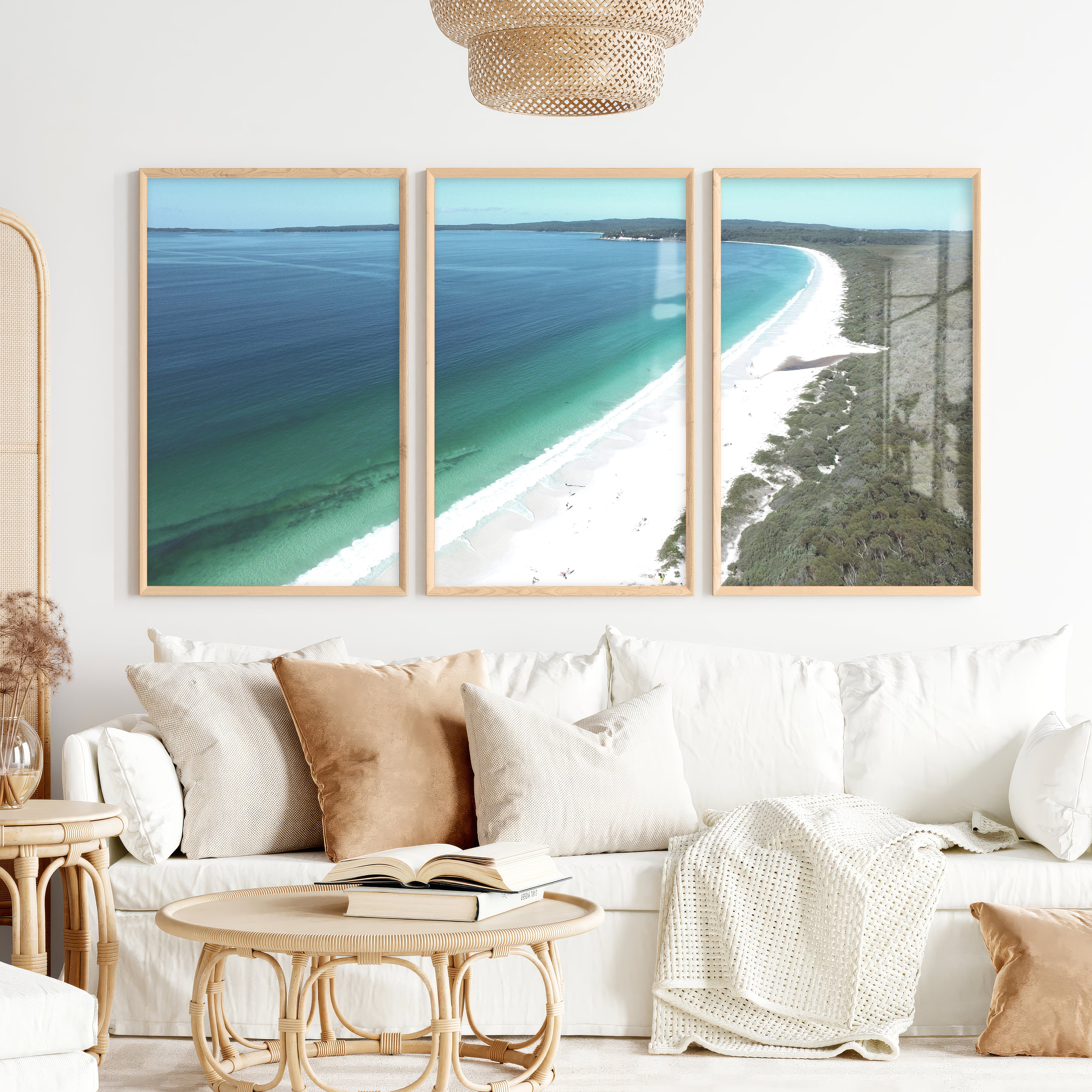 White Sand Bay Ocean Art Wall - Natural Wood Framed Poster No Border - Artworksets