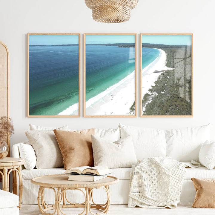 White Sand Bay Ocean Art Wall - Natural Wood Framed Poster No Border - Artworksets