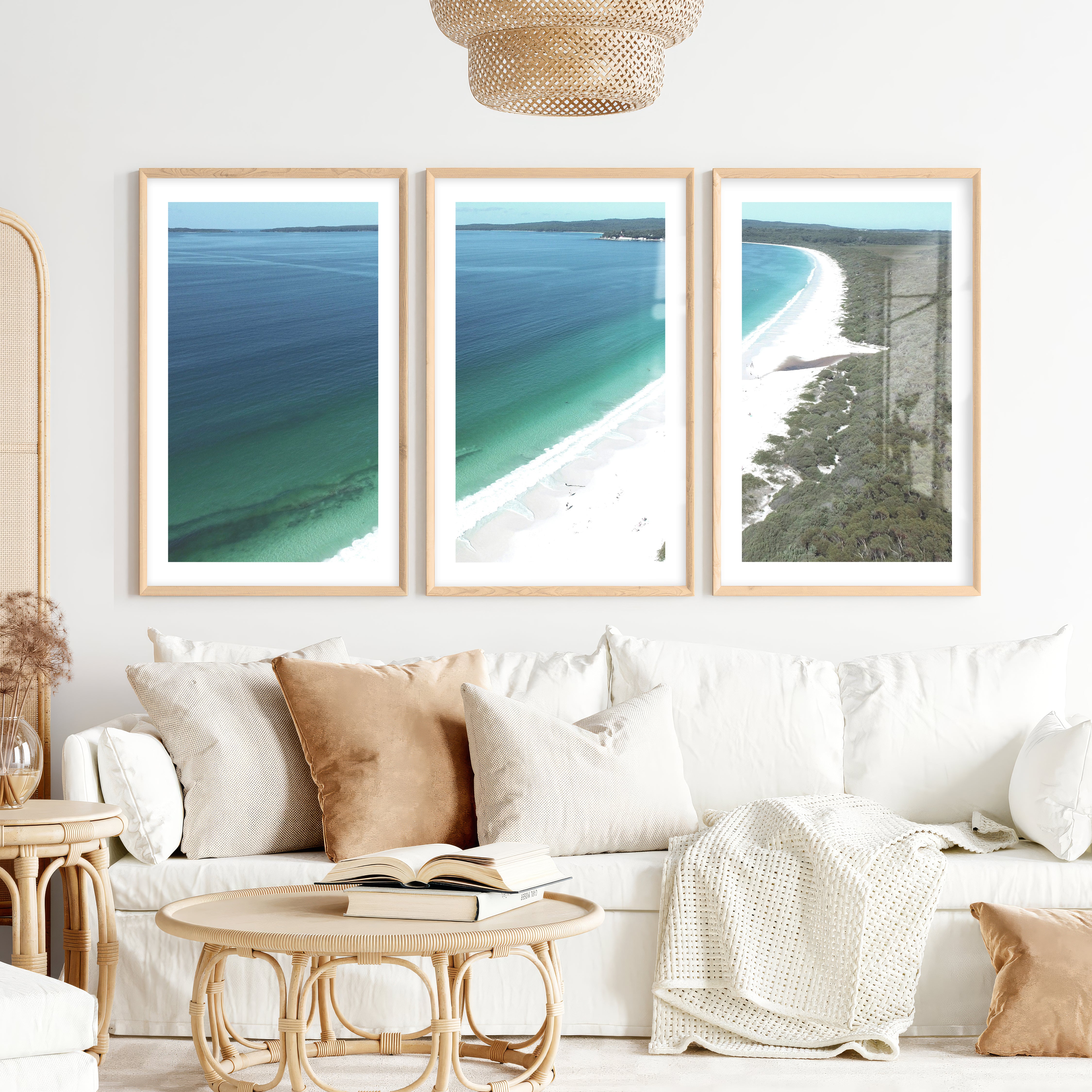 White Sand Bay Ocean Art Wall- Natural Wood Framed Poster with White Border - Artworksets
