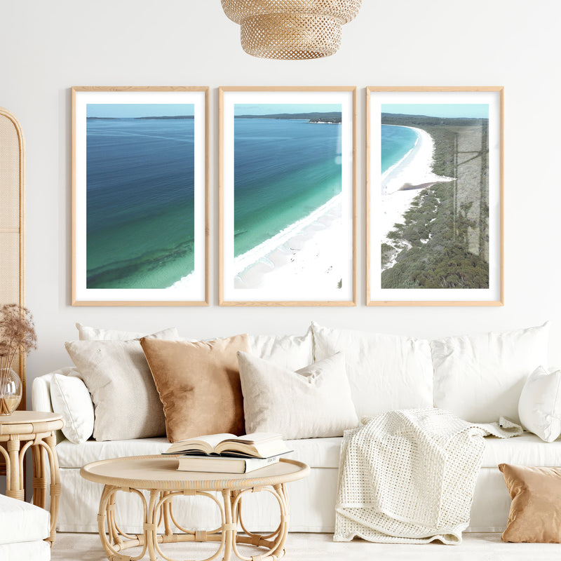 White Sand Bay Ocean Art Wall- Natural Wood Framed Poster with White Border - Artworksets