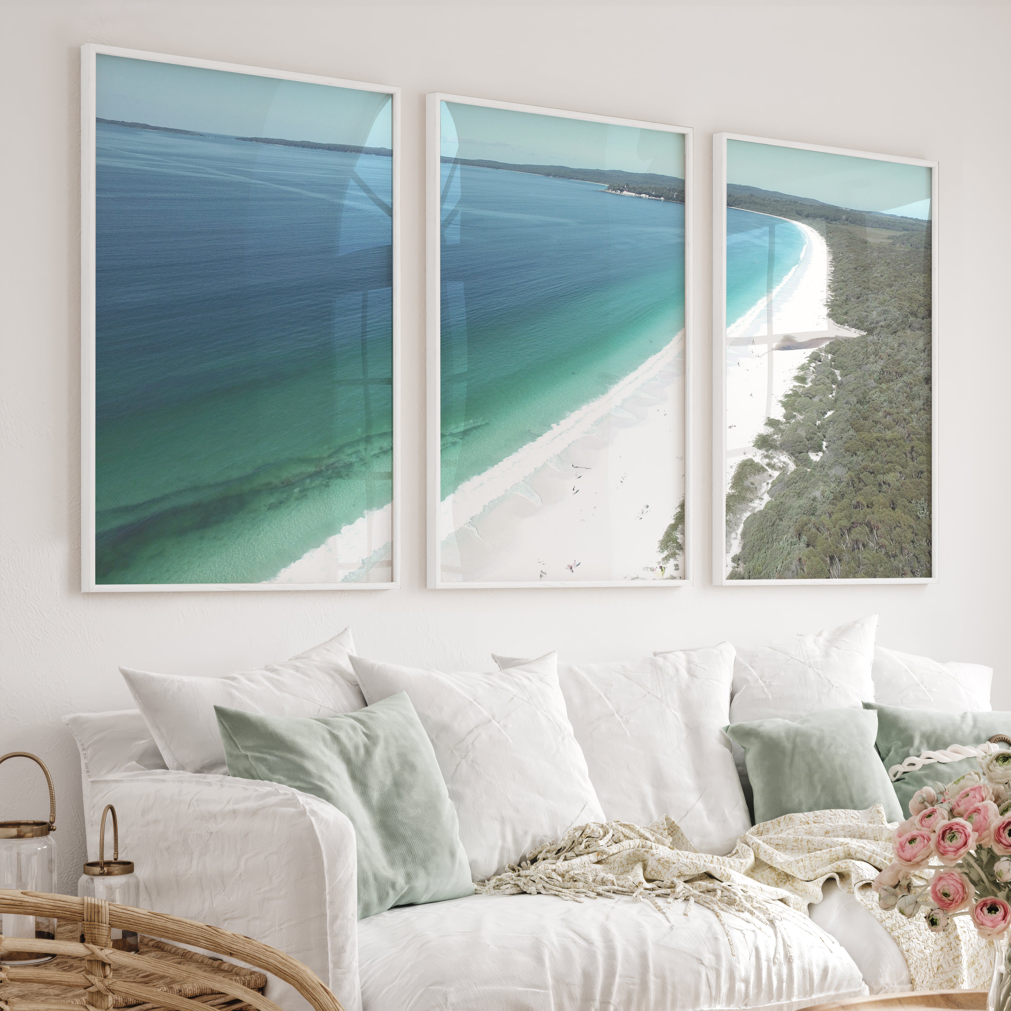 White Sand Bay Ocean Art Wall - White Framed Poster No Border - Artworksets